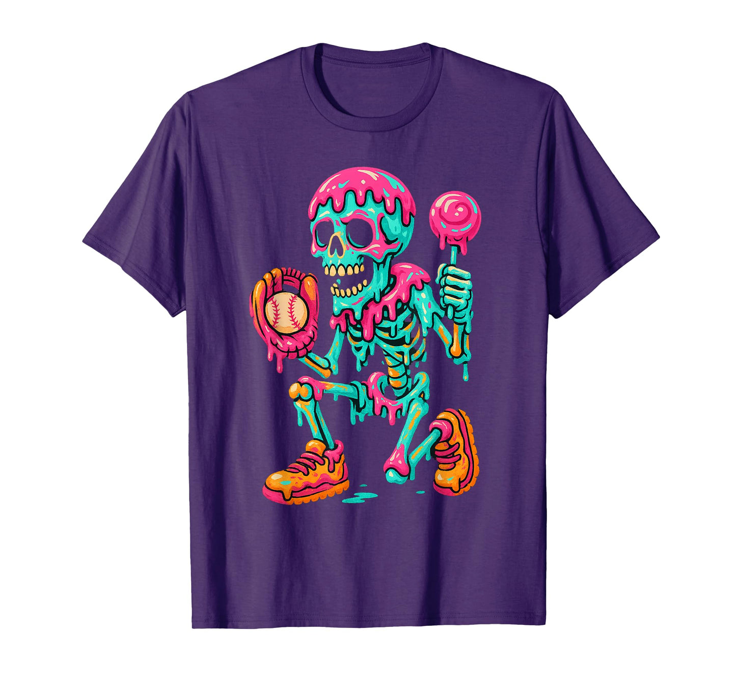 Skeleton Halloween Baseball Ice Cream Drip Spooky Boys Youth T-Shirt