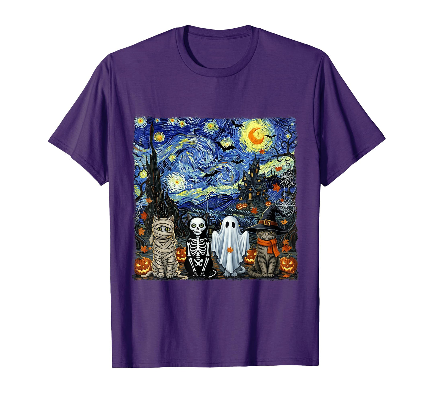 Halloween Funny Cats Ghosts Costume Starry Night Van Gogh T-Shirt