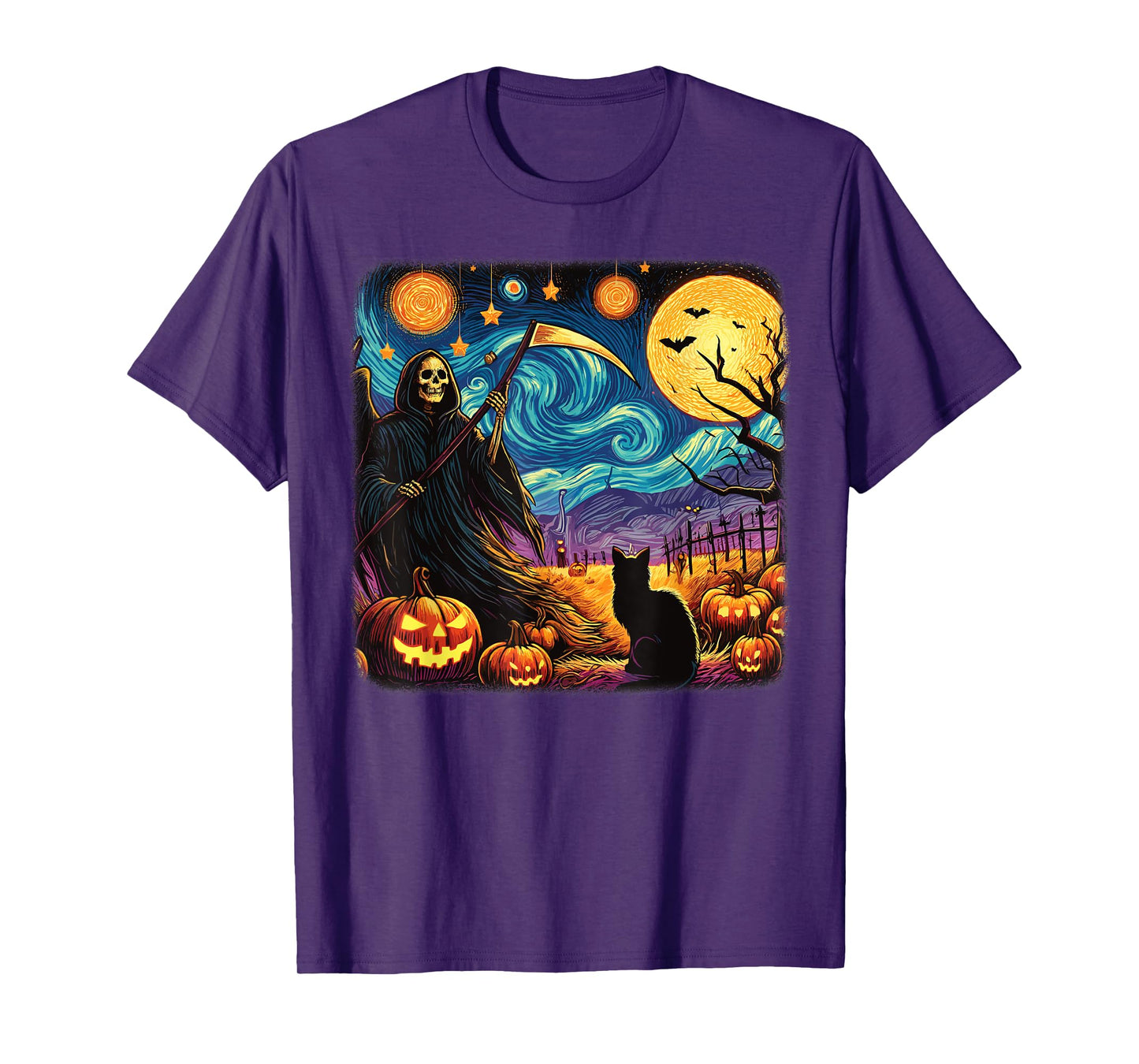 Halloween Van Gogh Starry Night Grim Reaper Pumpkins Cats T-Shirt