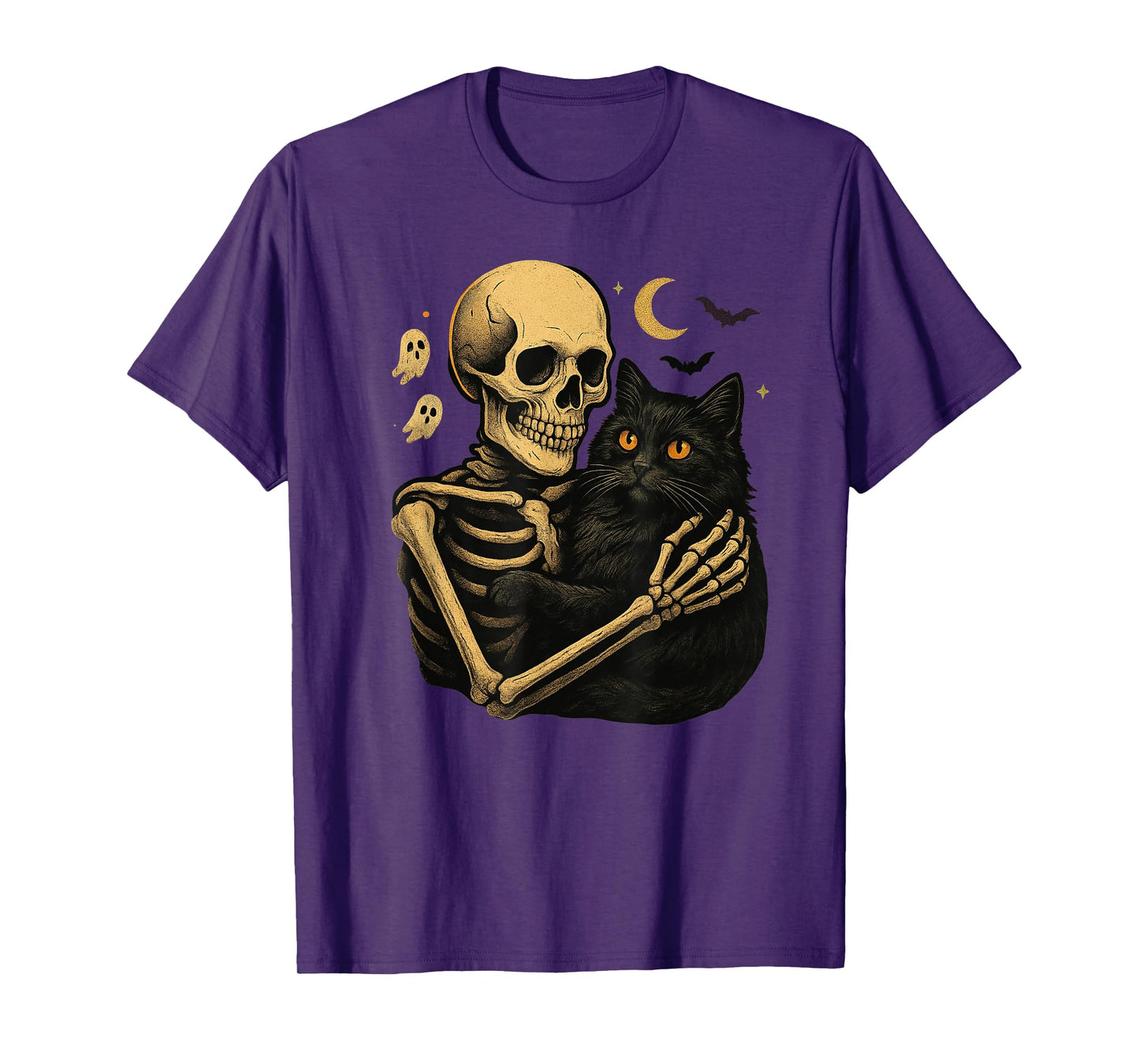 Eerie Embrace Skeleton Cat Crescent Moon Tee T-Shirt