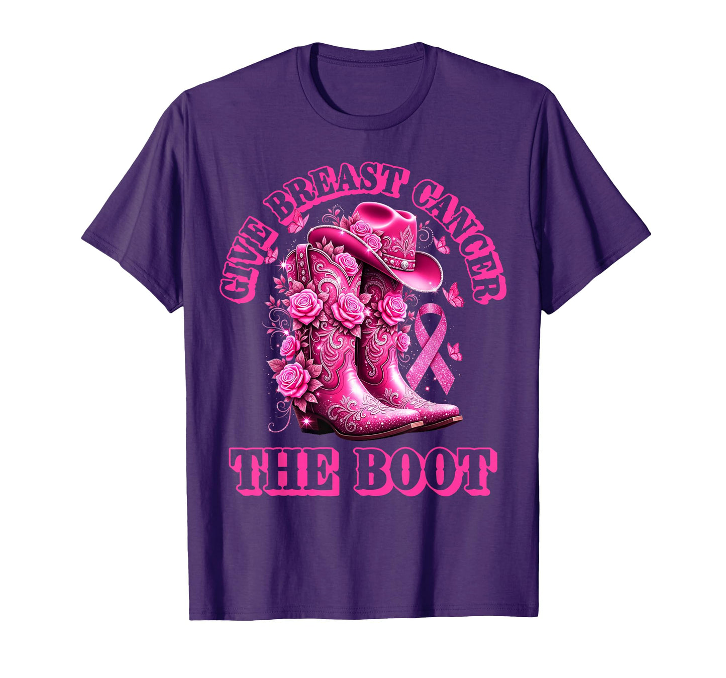 Give Breast Cancer The Boot Cowgirl Pink Ribbon Western T-Shirt