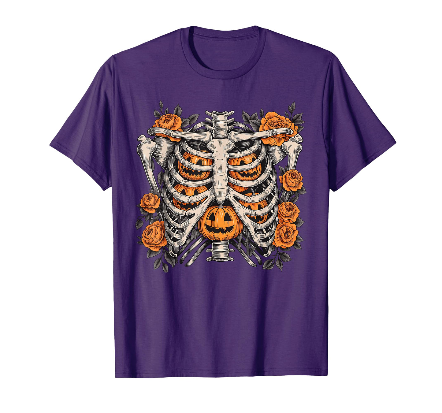Halloween Retro Floral Ribcage Pumpkins Skeleton Fall T-Shirt