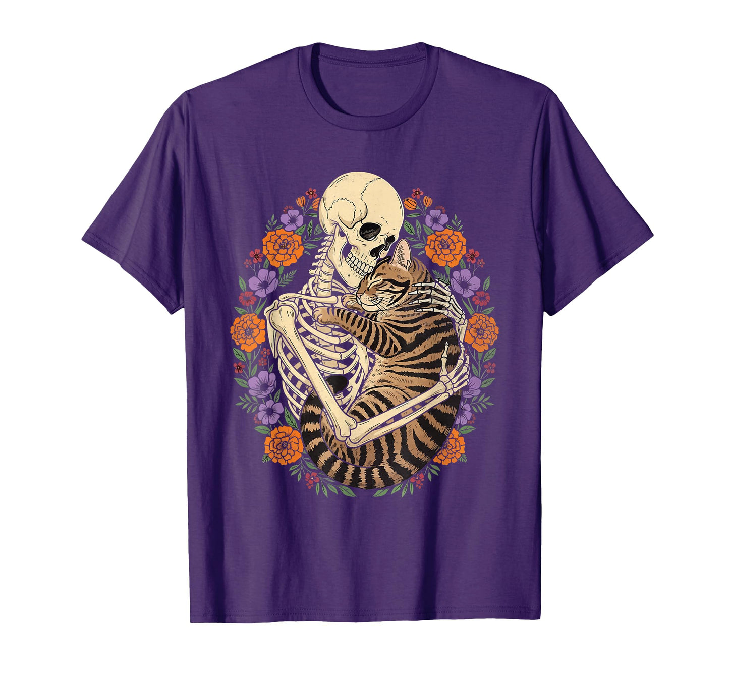 Skeleton Hugging Cat Halloween Gothic Floral Cat Lover T-Shirt
