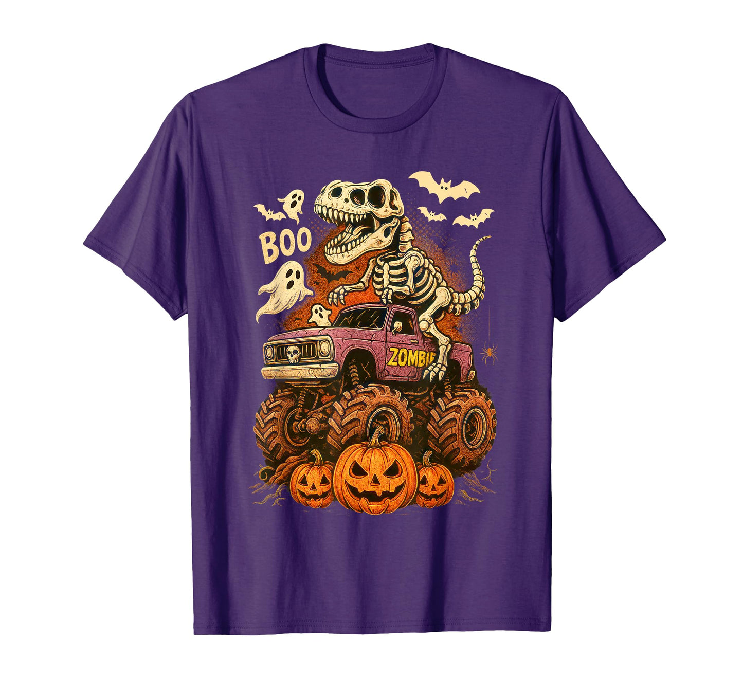 Skeleton T Rex Dinosaur Riding Monster Car Boo Halloween T-Shirt