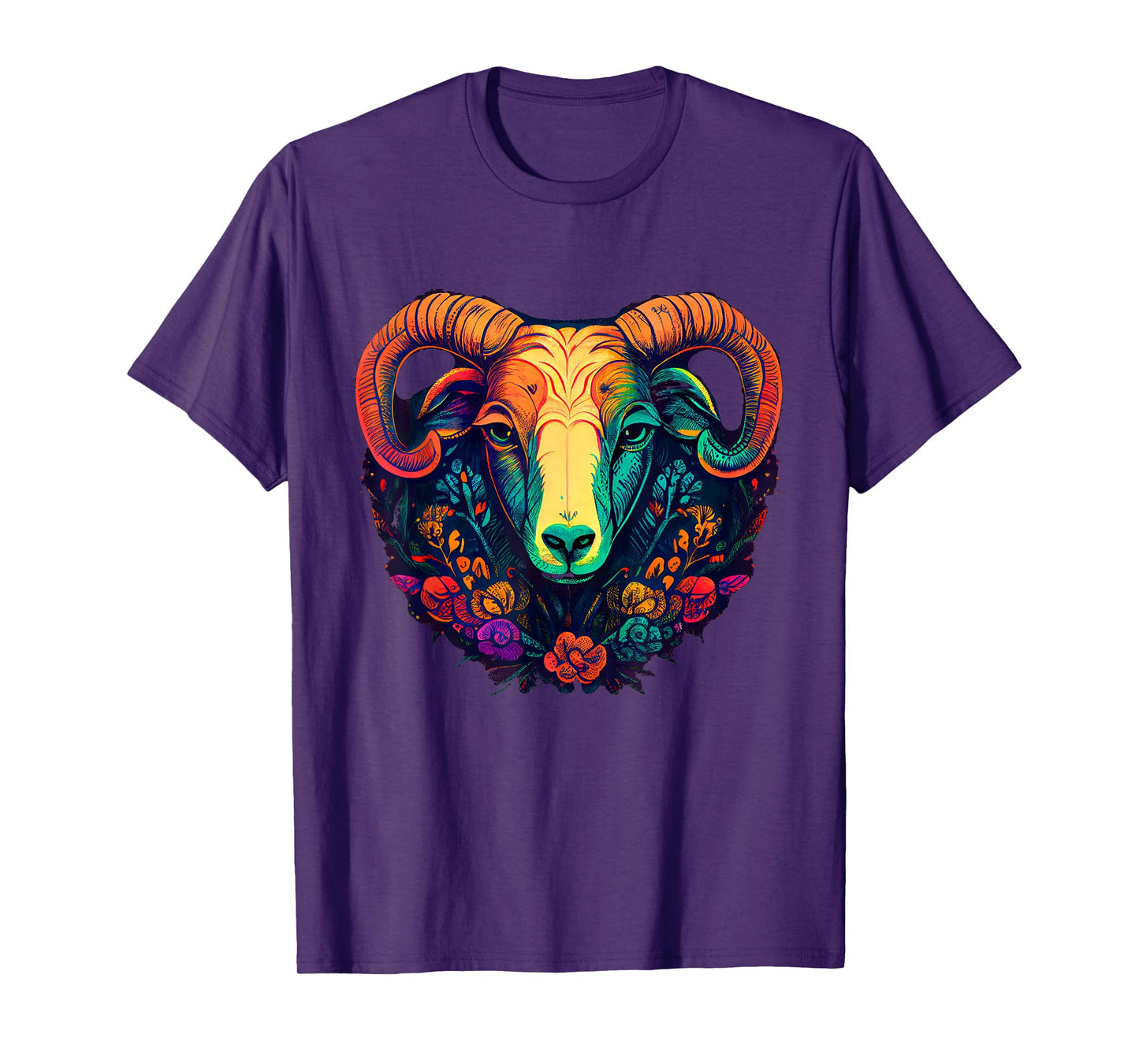 Vivid Ram Head with Floral Patterns T-Shirt