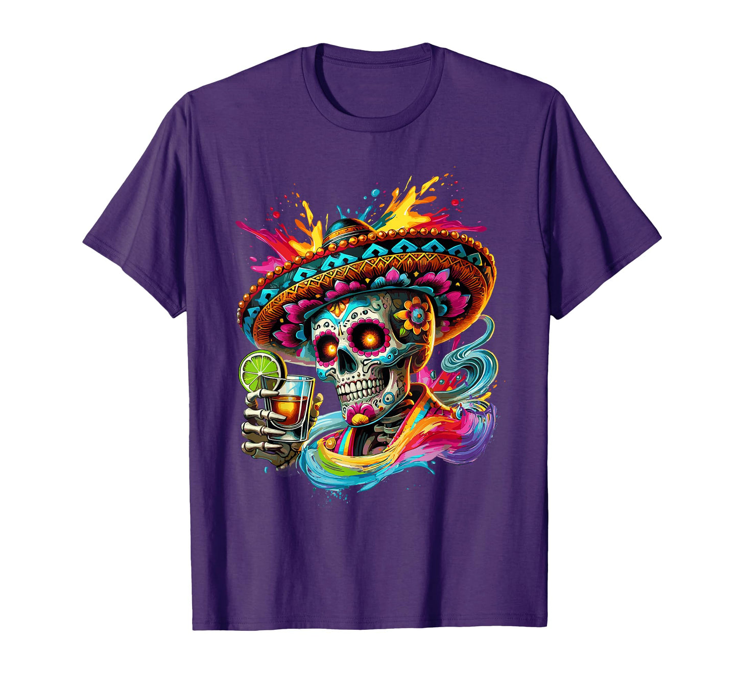 Retro Skeleton Drinking Tequila Sombrero Hat Cinco De Mayo T-Shirt