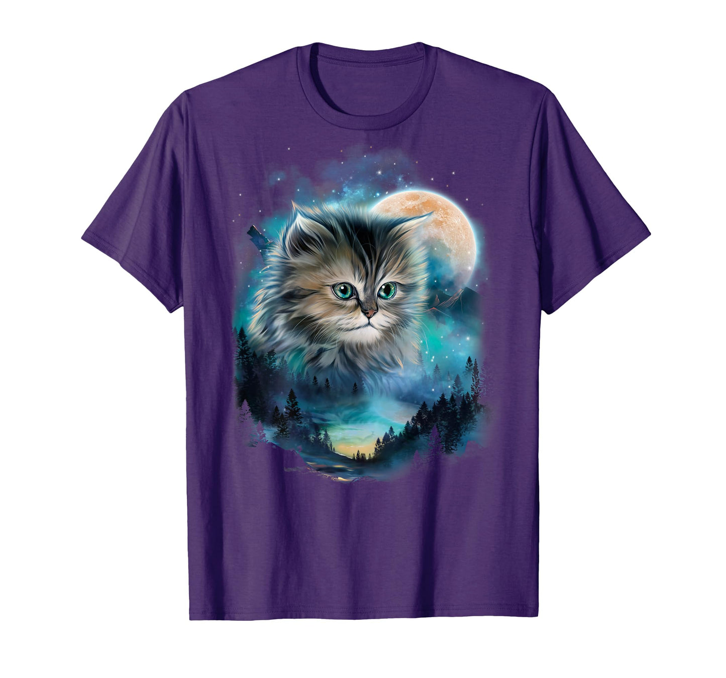 Mystical Cat Under Moonlit Forest Sky Men Women Kids T-Shirt