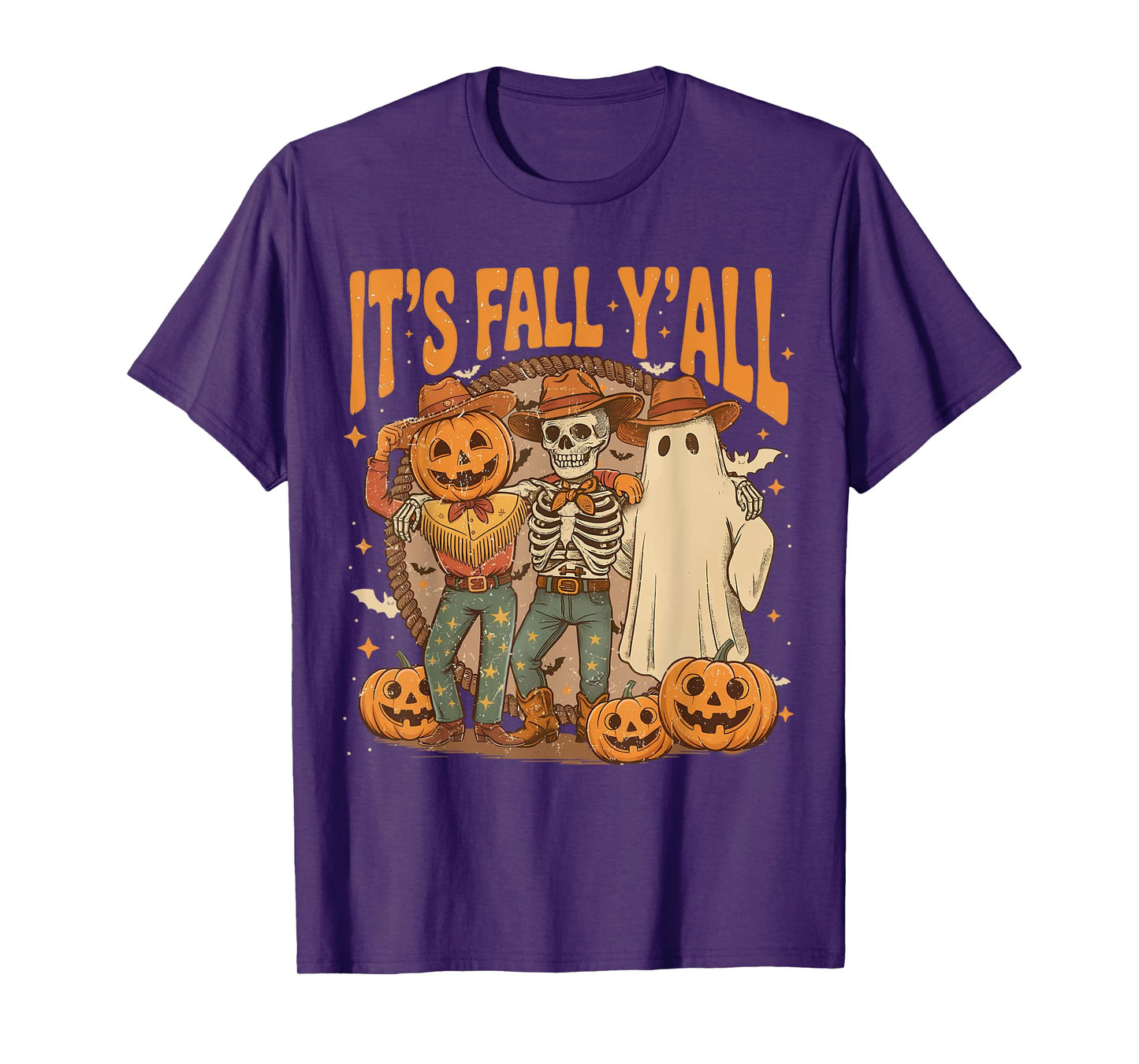 Cowboy Ghost Pumpkin Head Skeleton Its Fall Yall Spooky Gang T-Shirt