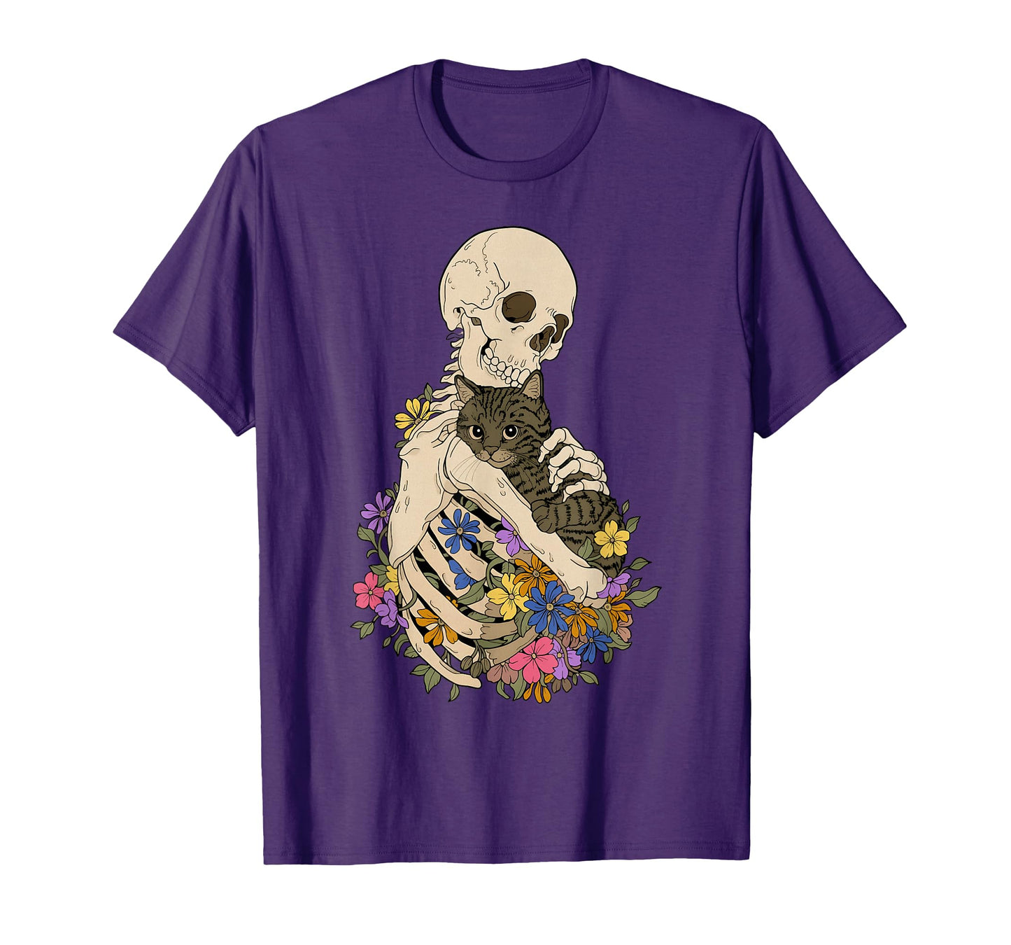 Skeleton Hugging Cat Floral Halloween Cats Lovers T-Shirt