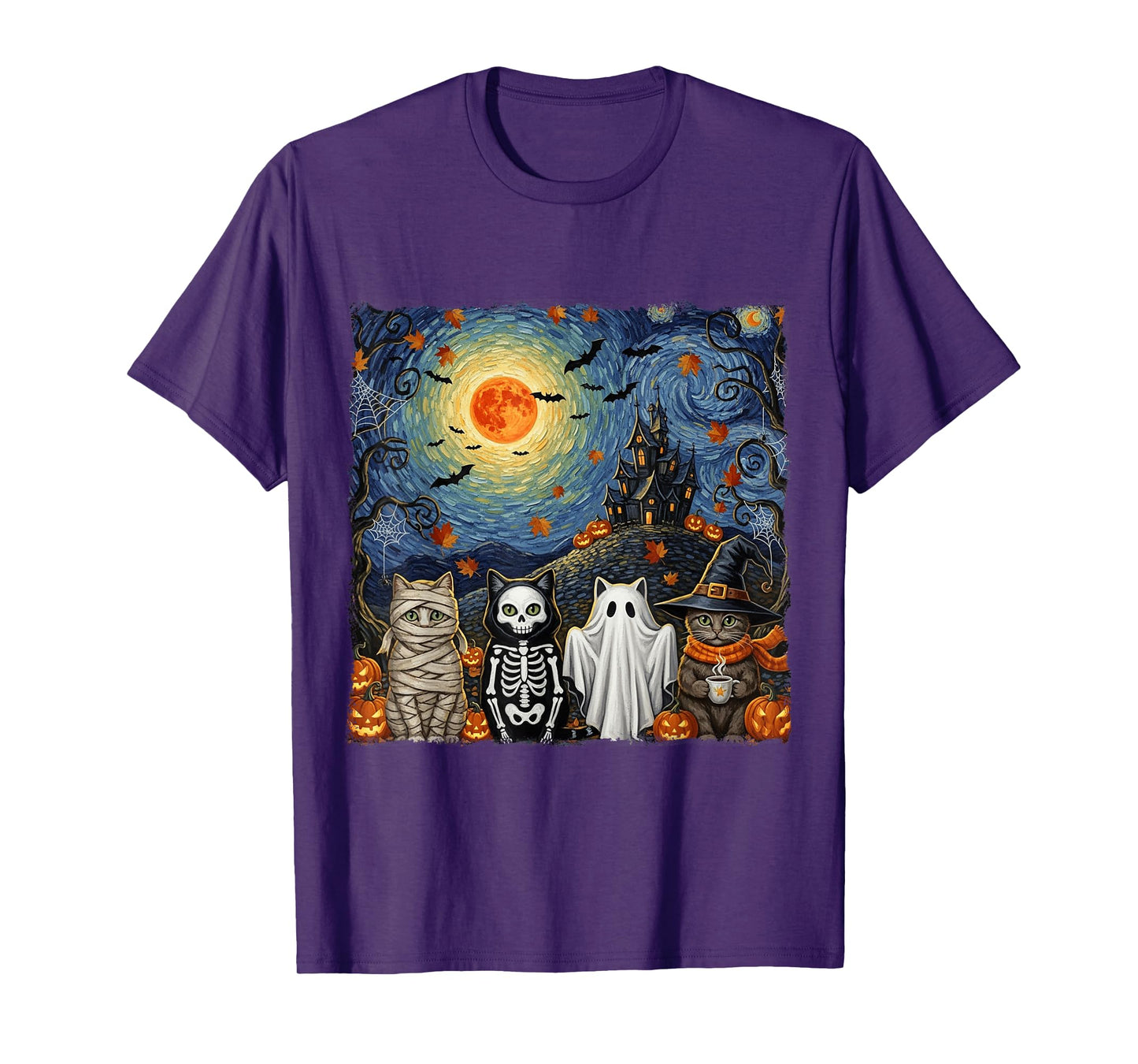 Halloween Funny Cute Black Cats Ghosts Costume Starry Night T-Shirt