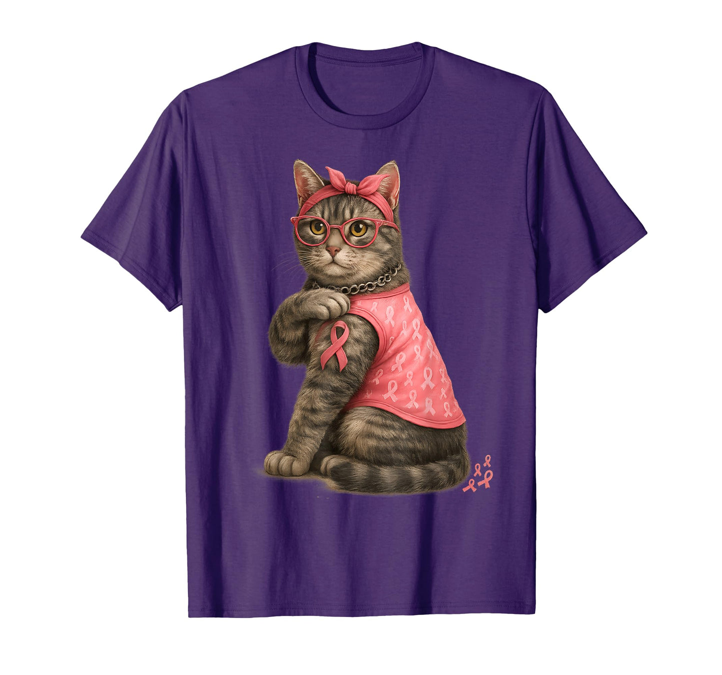 Gray Tabby Cat Pink Ribbon Breast Cancer Awareness Kitty T-Shirt