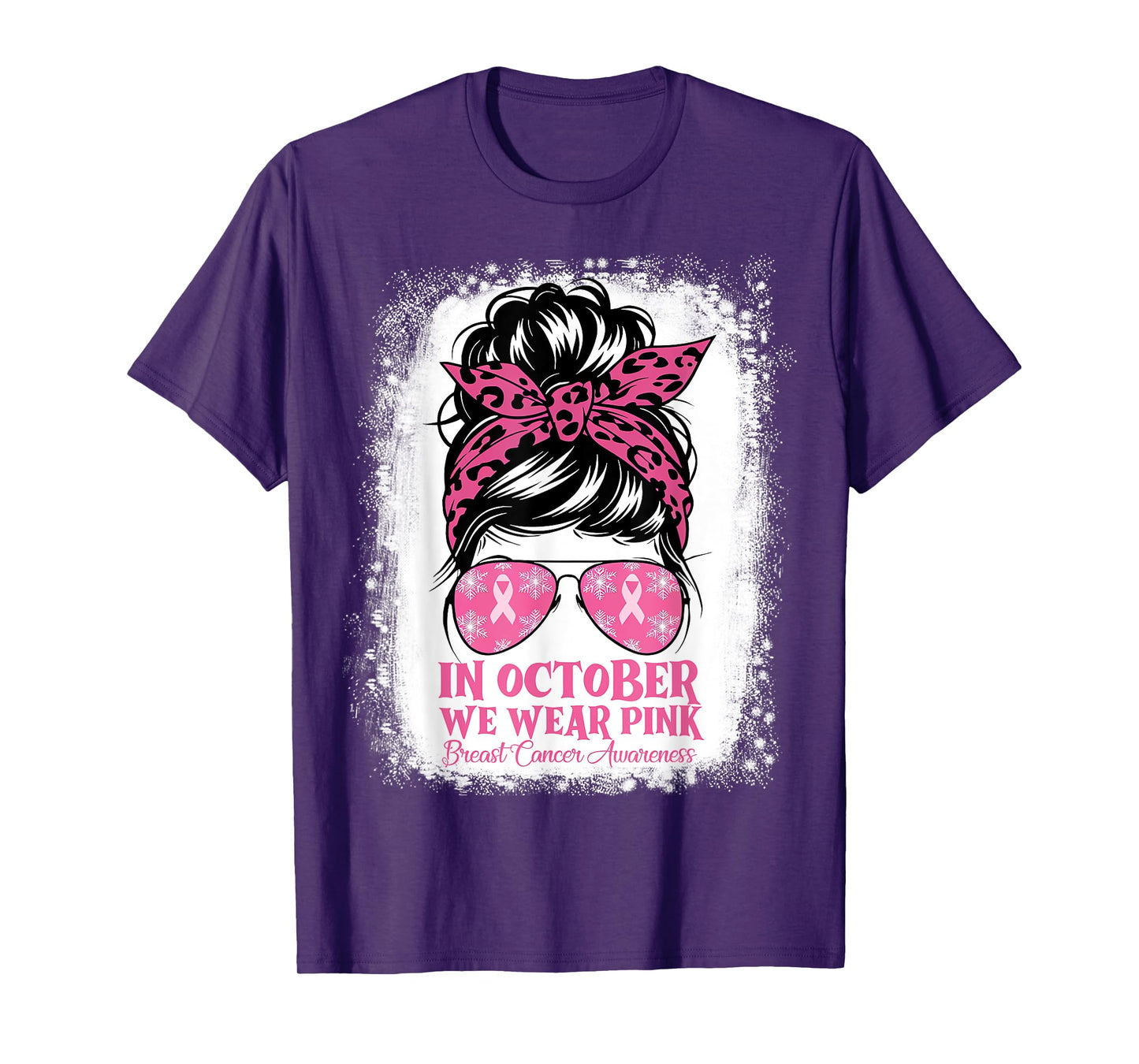 In October We Wear Pink Cheer Bow Breast Cancer Messy Bun T-Shirt