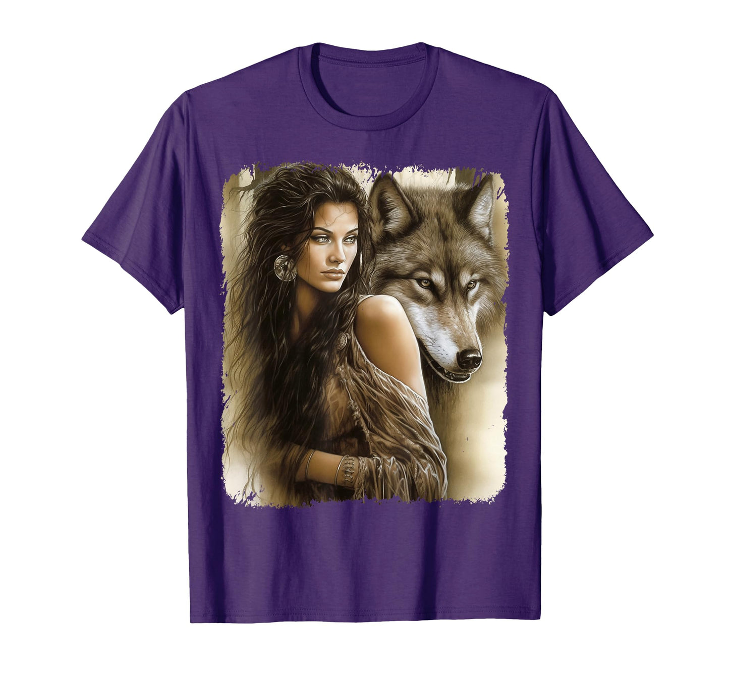 Woman and Grey Wolf Fantasy T-Shirt
