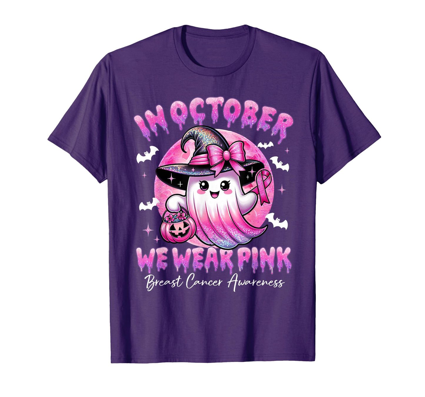 In October We Wear Pink Ghost Witch Breast Cancer Awareness T-Shirt