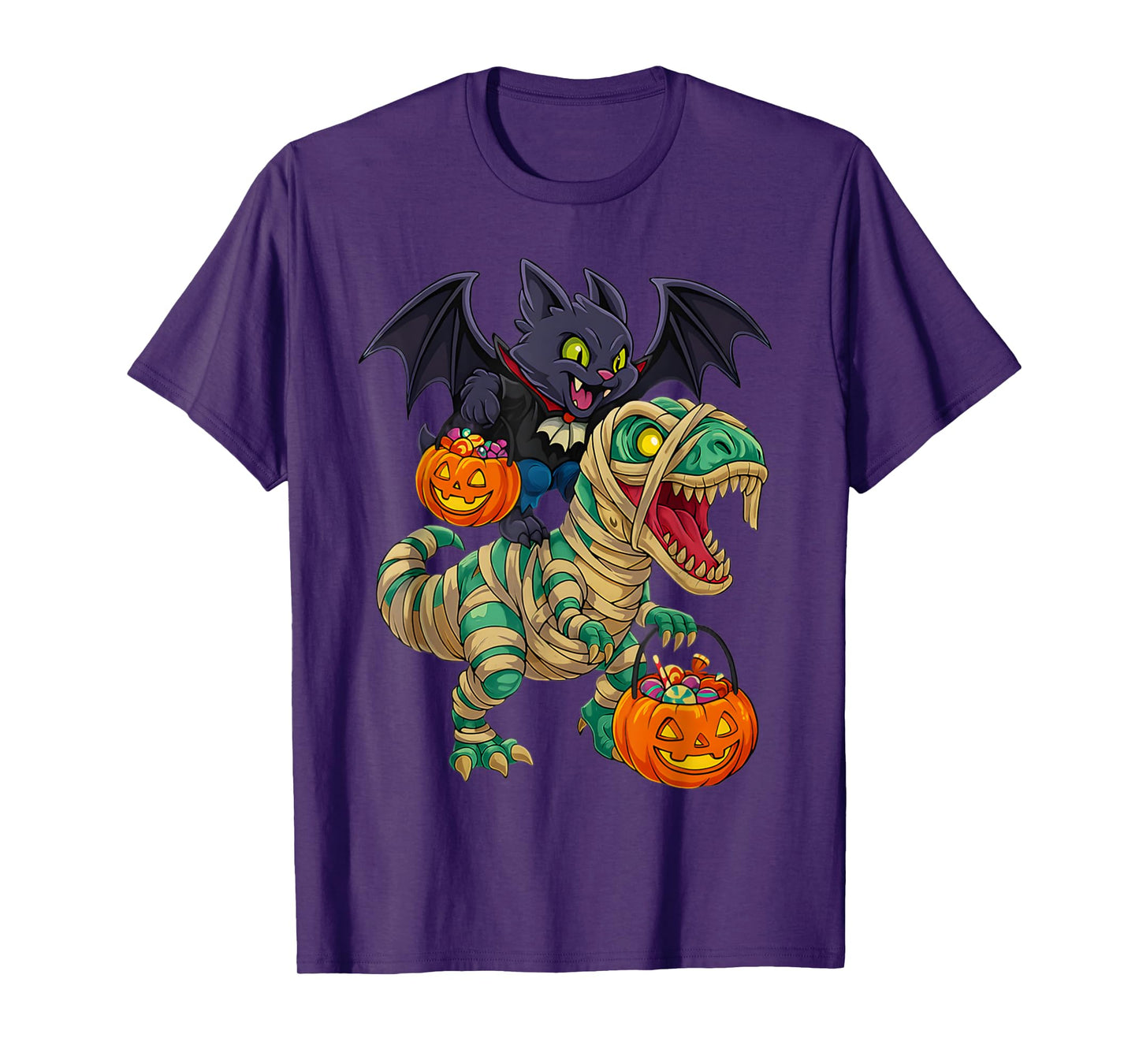 Vampire Cat Riding Mummy Dinosaur T rex Halloween Pumpkin T-Shirt