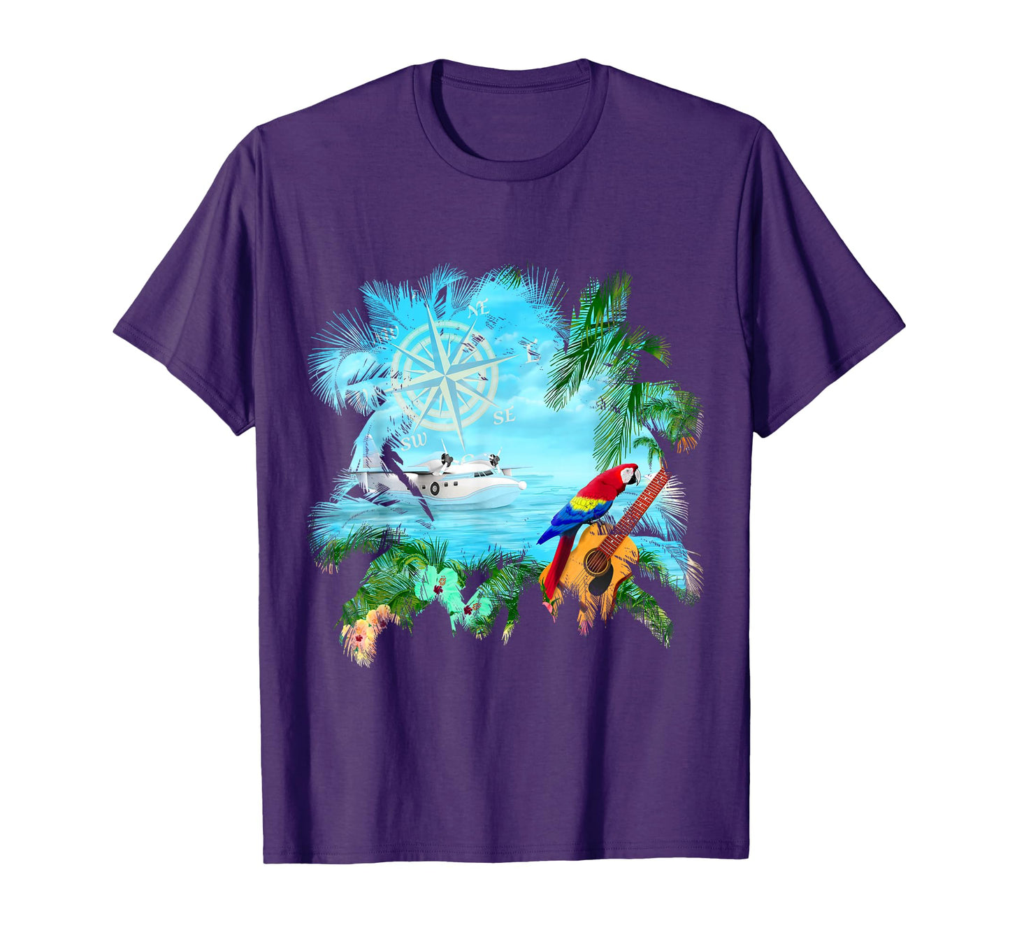 Beachside Dream Seaplane, Parrot, and Guitar T-Shirt