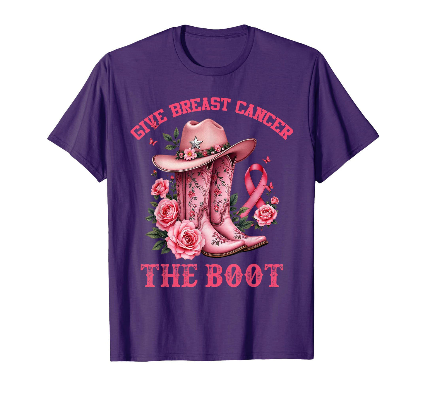 Give Breast Cancer The Boot Cowgirl Cancer Awareness Ribbon T-Shirt
