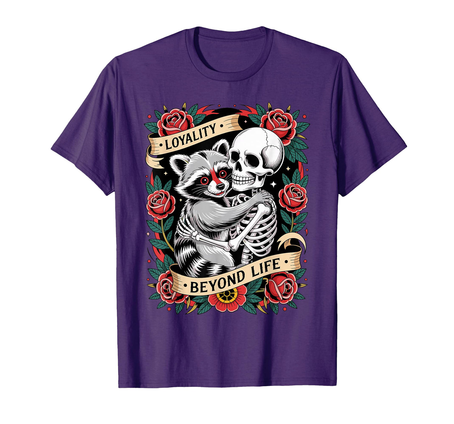 Funny Skeleton and Raccoon Loyalty Beyond Life Tattoo Style T-Shirt