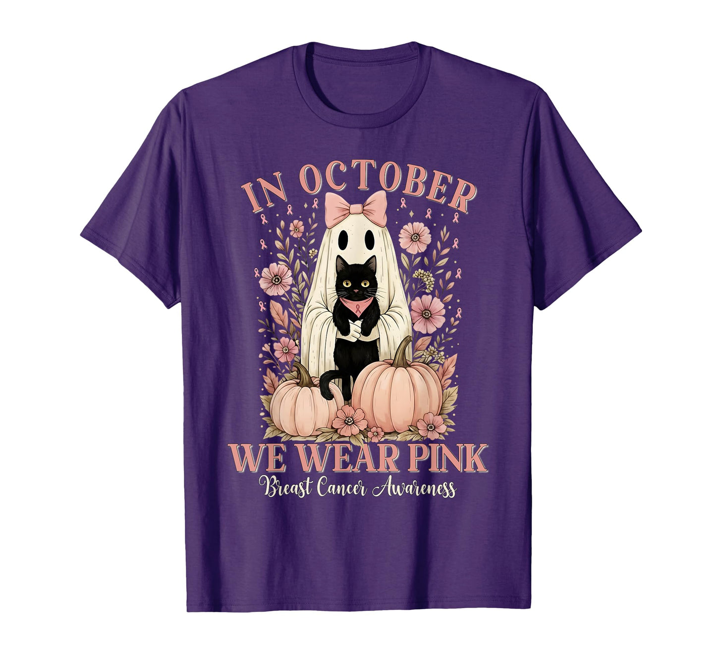 in October We Wear Pink Ghost Halloween Cat Breast Cancer T-Shirt