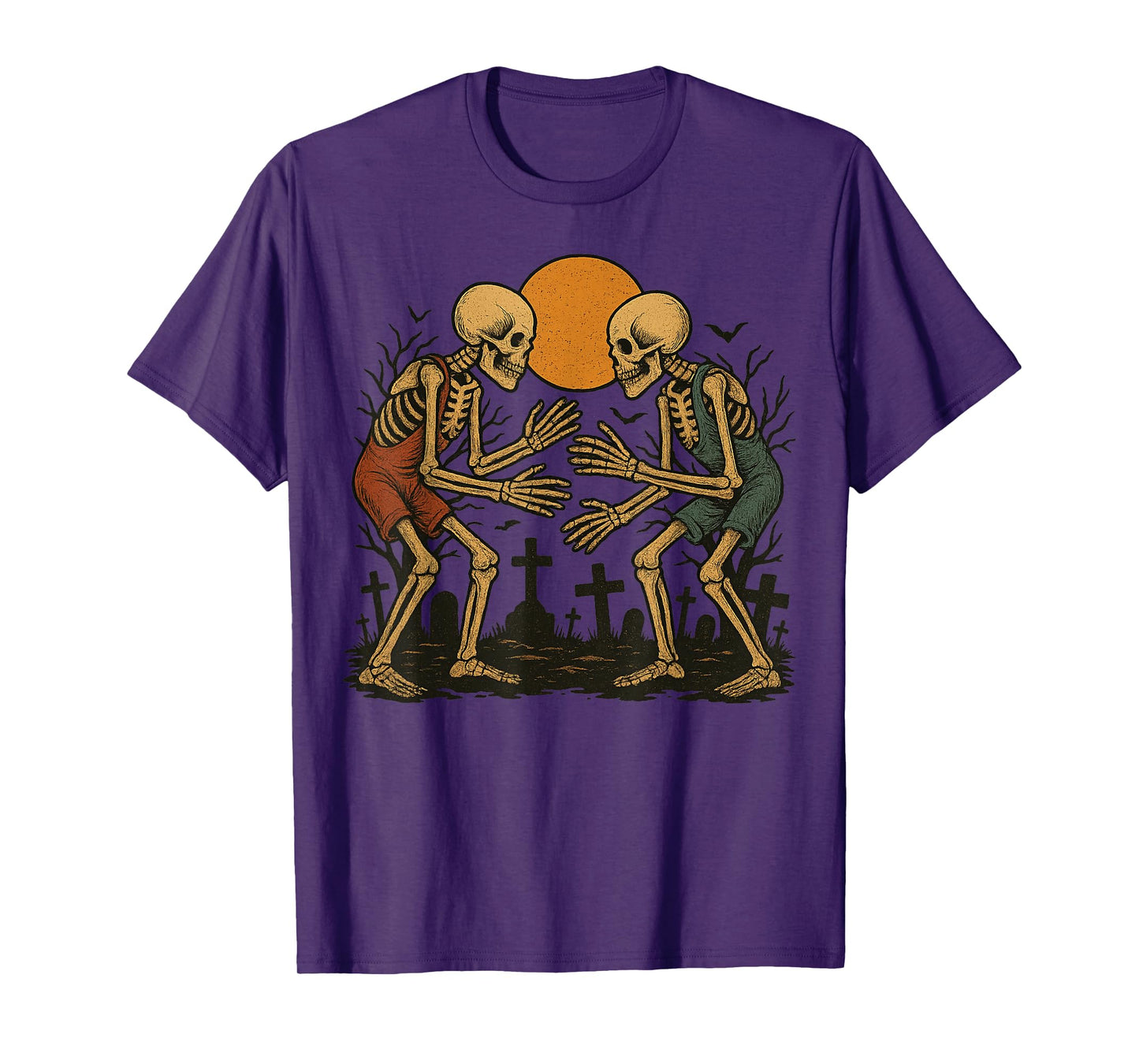 Spooky Skeletons Dancing Under Full Moon Halloween Wrestler T-Shirt