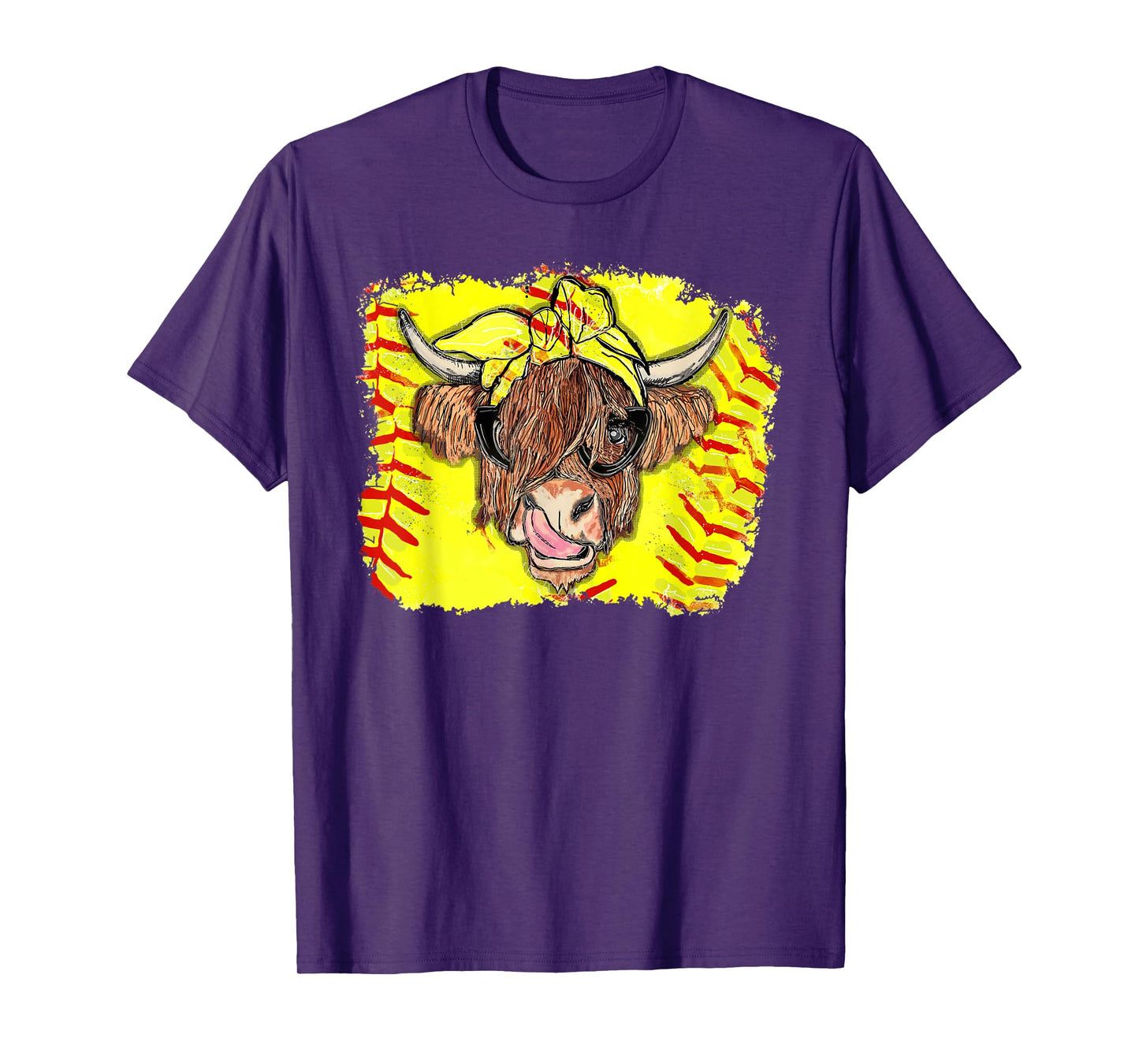 Softball Highland Cow With Bandana Glasses Happy Mother's T-Shirt