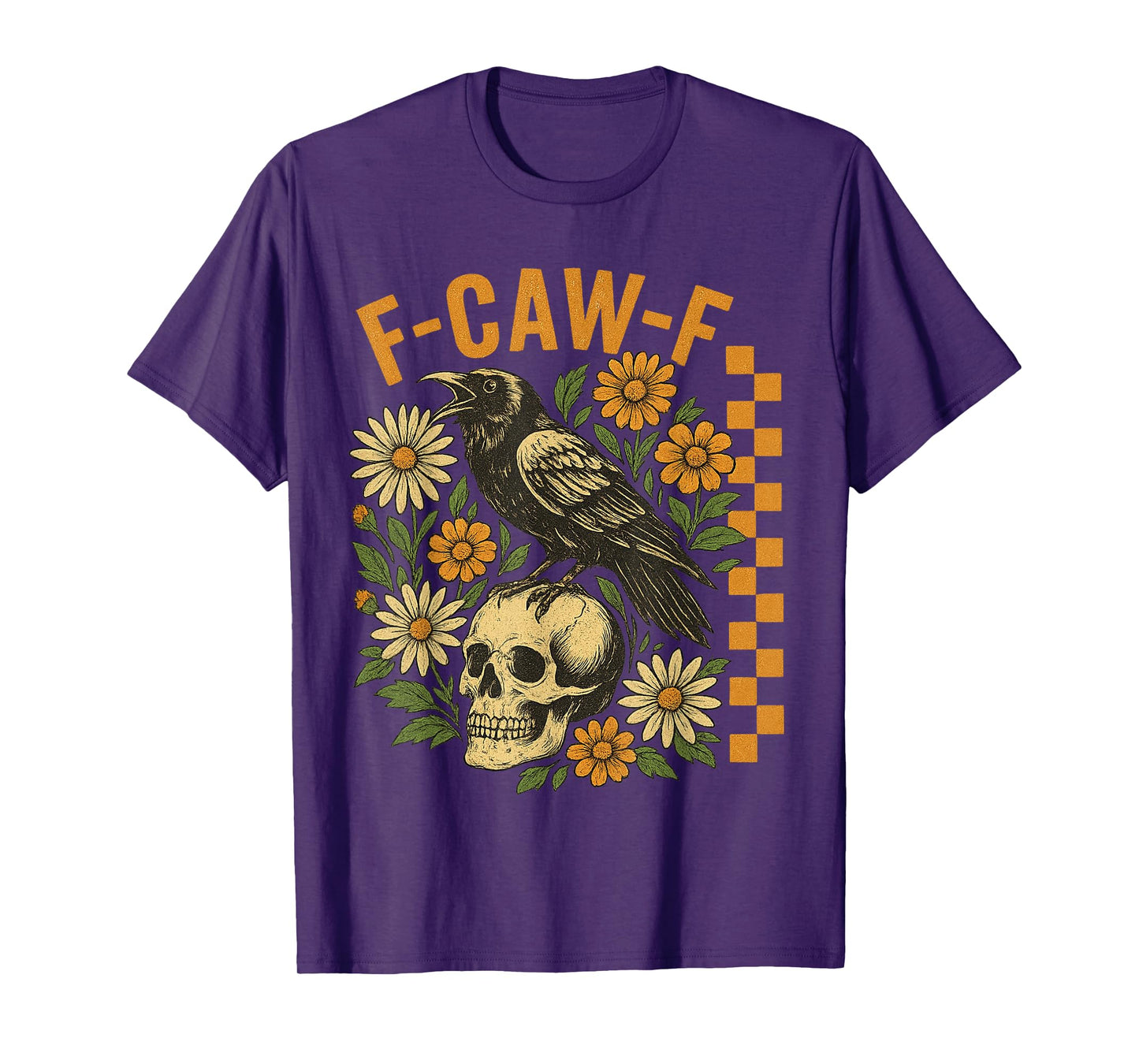 Crow Raven F-CAW-F Funny Halloween Gothic Floral Checkered T-Shirt