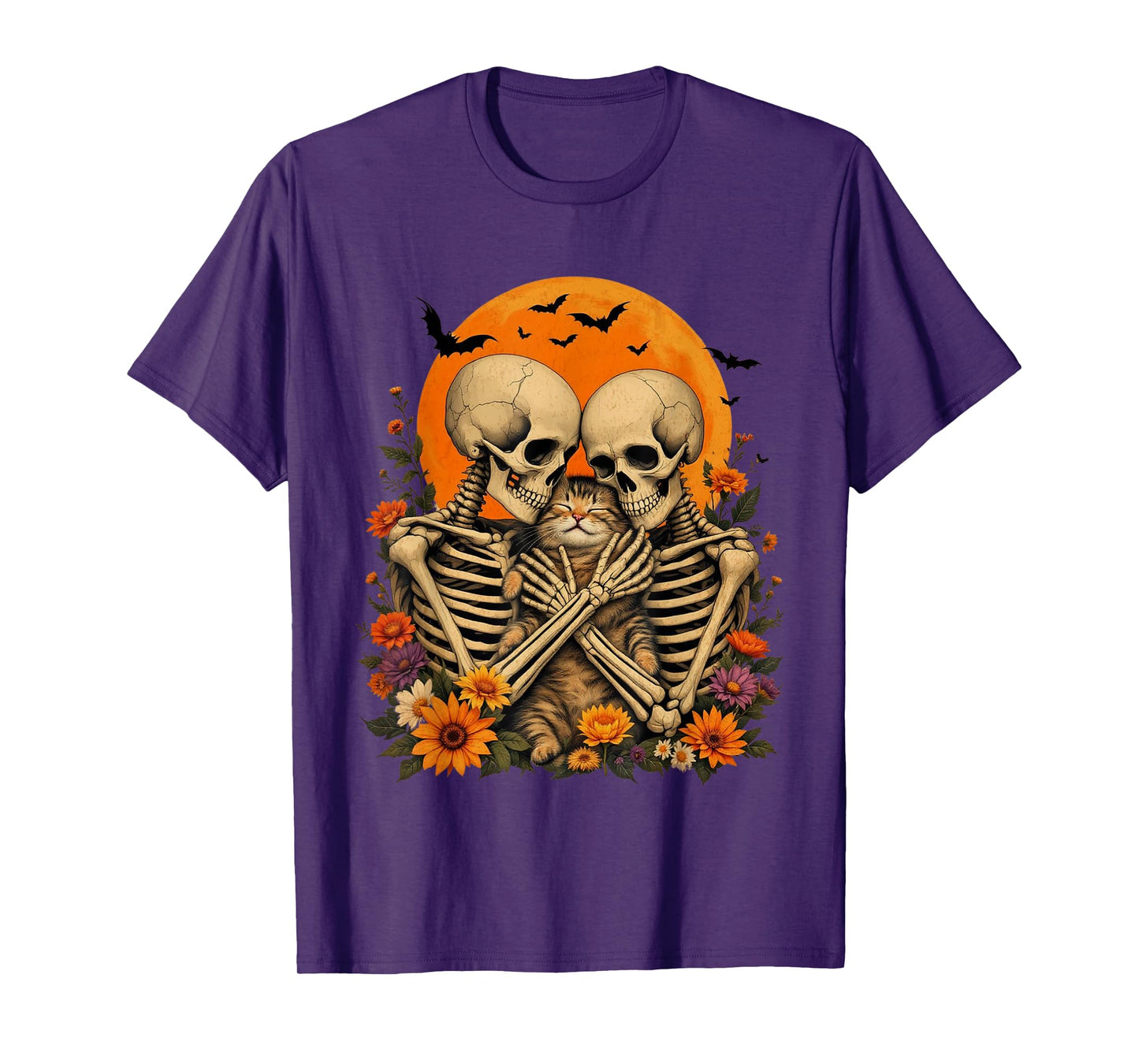 Skeleton Hugging Cat Floral Halloween Cat Lover Mom Costume T-Shirt