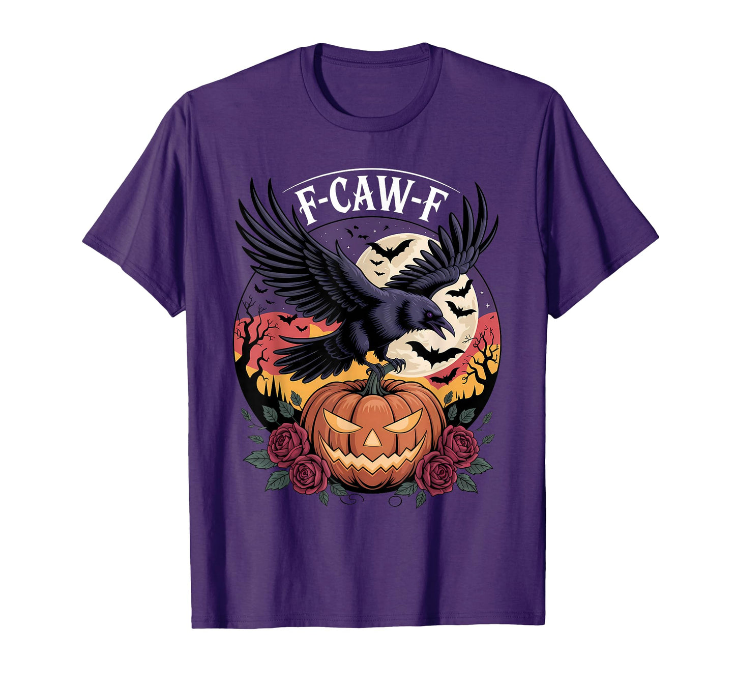 F CAW F Crow Raven Spooky Bird Funny Scary Pumpkin Full Moon T-Shirt