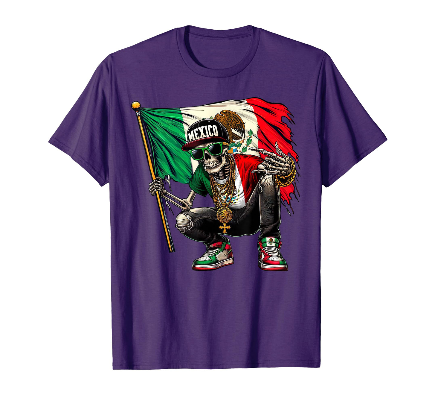 Distressed Mexico Flag Skull Rock Skeleton Shirts Men Boys T-Shirt