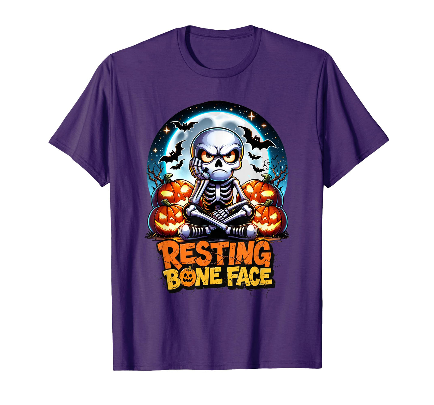 Halloween Resting Bone Face Funny Skeleton Pumpkin Moon T-Shirt