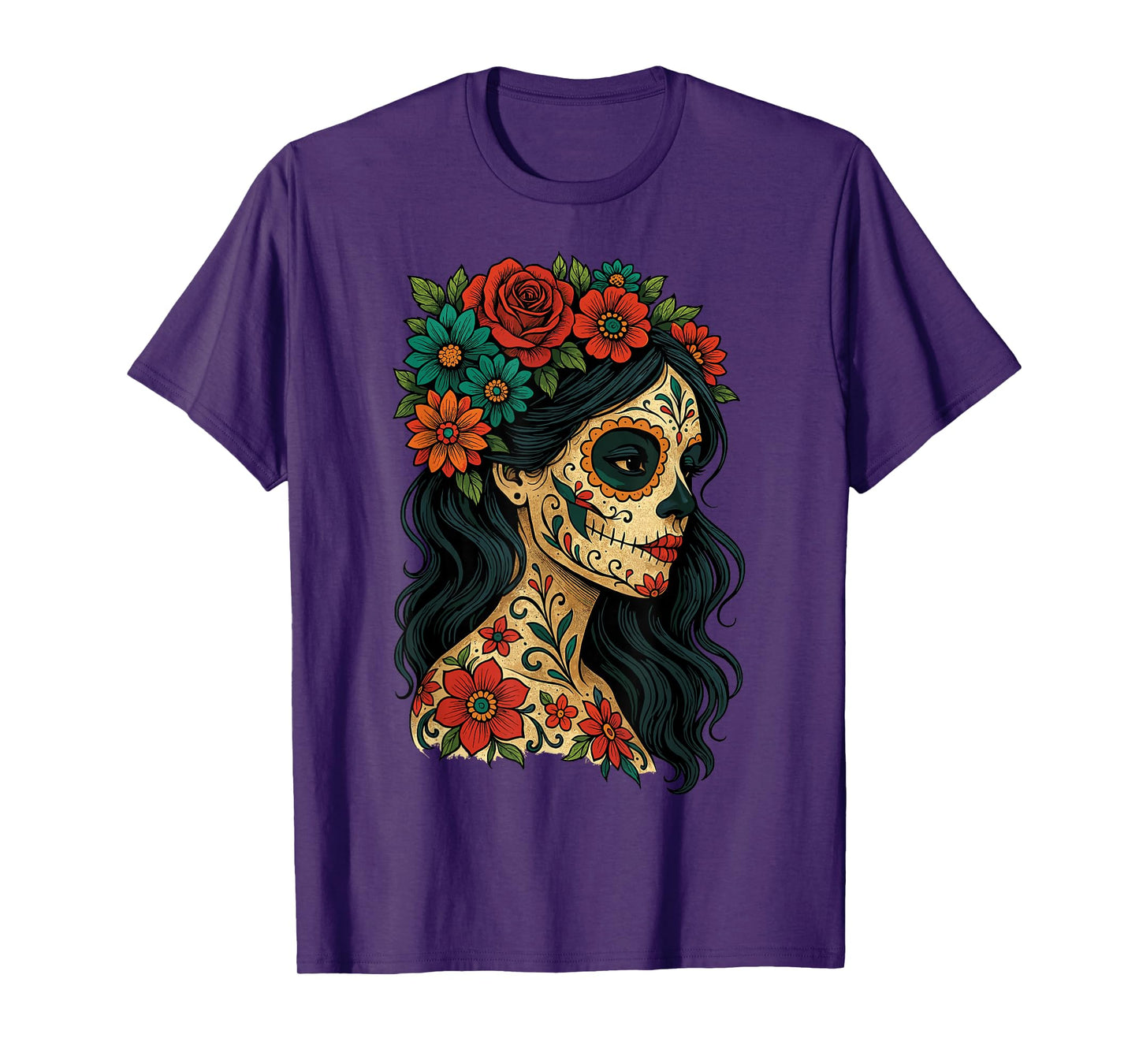 Day of The Dead Dia De Los Muertos Floral Sugar Skull Woman T-Shirt