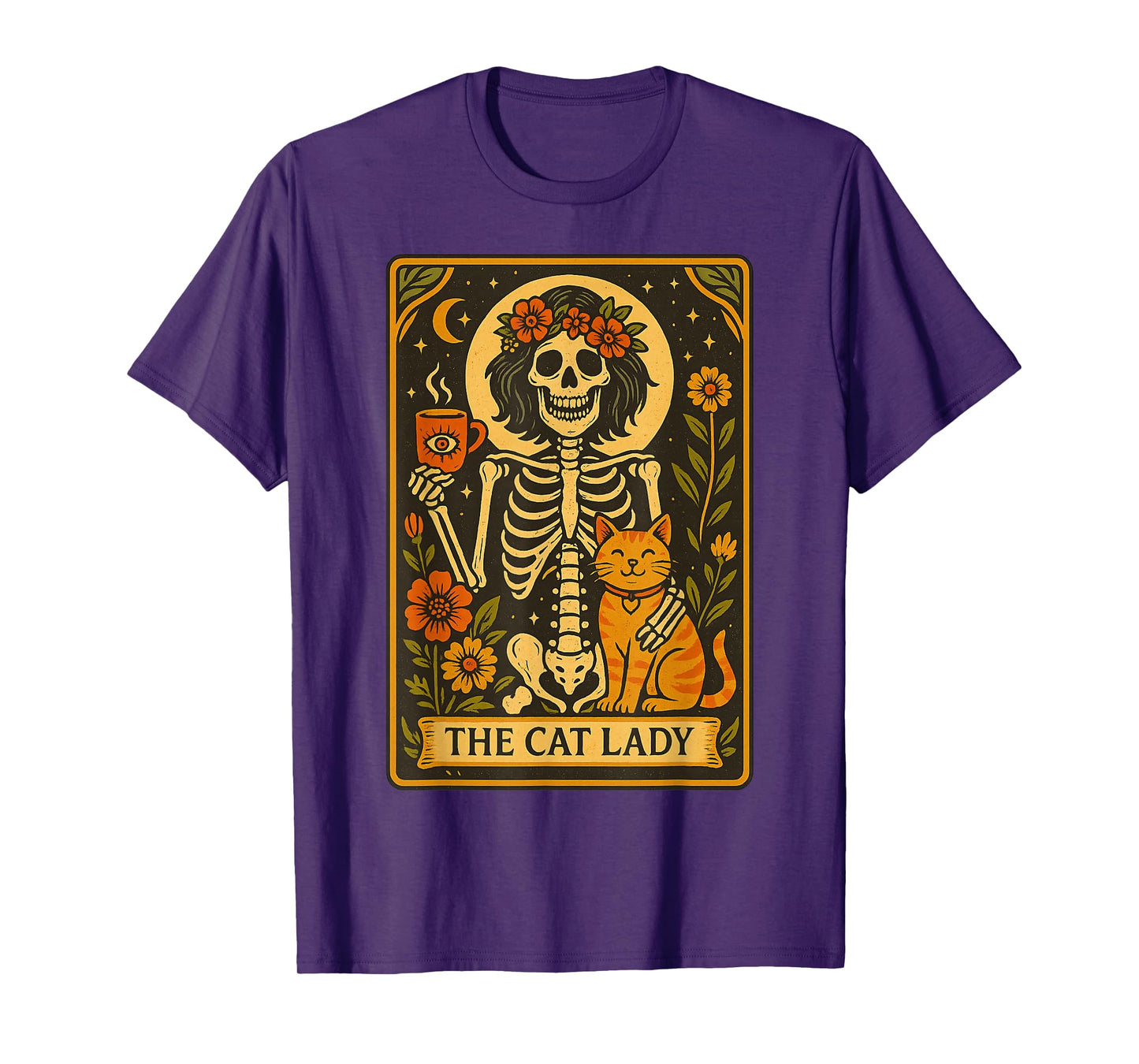 Mystic Skeleton The Cat Lady with Coffee Tarot Card Vibes T-Shirt