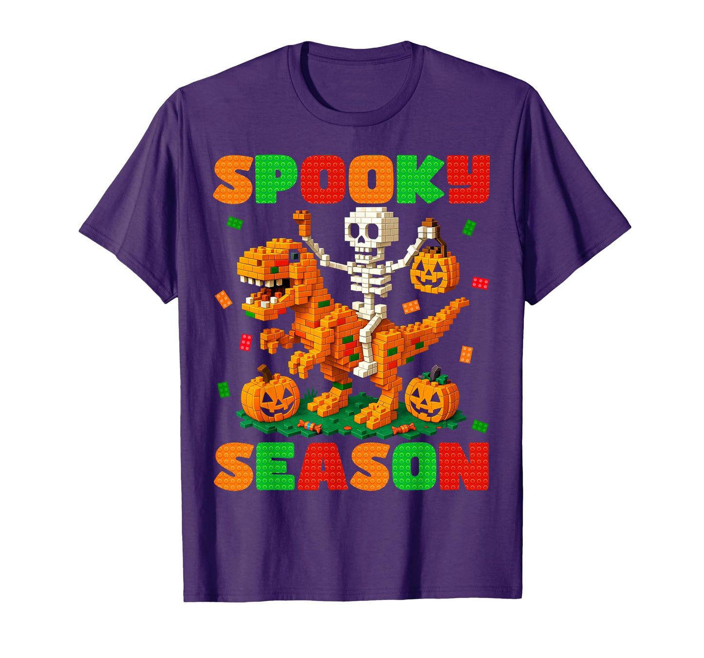 Spooky Season Building Brick Skeleton Dinosaur Kids Toddlers T-Shirt