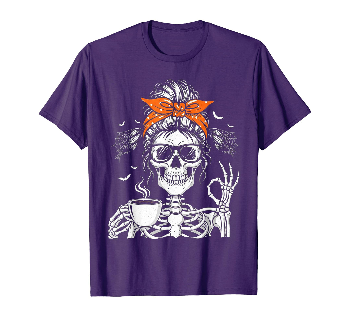 Skeleton Messy Bun Drinking Coffee Halloween Coquette Bow T-Shirt