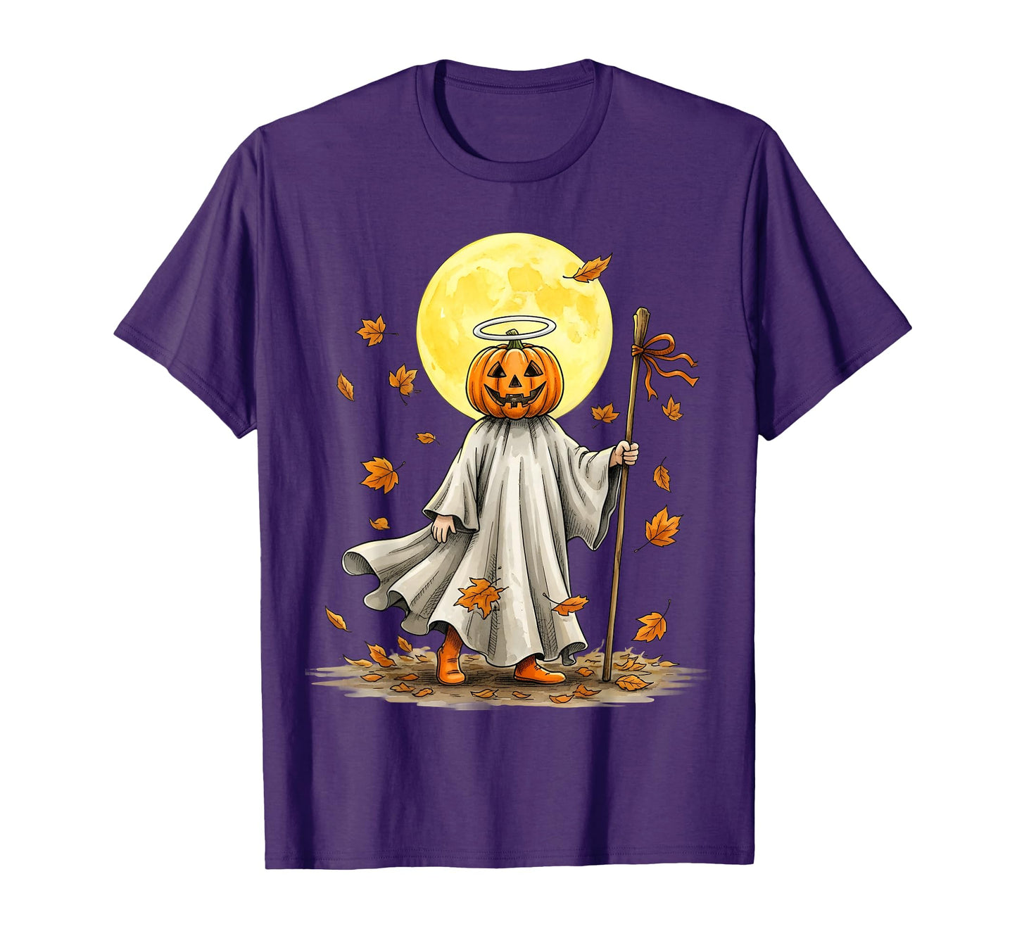 Halloween Pumpkin Head Moon Autumn Leaves Spooky Women T-Shirt