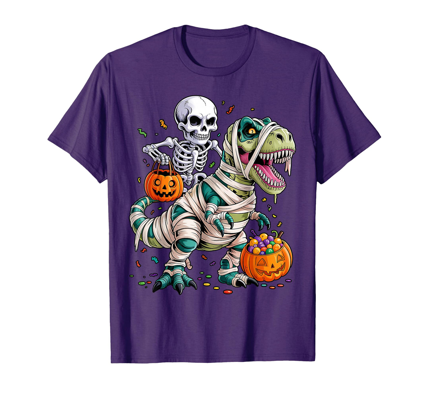 Skeleton Riding Mummy Dinosaur T rex Halloween Funny Pumpkin T-Shirt