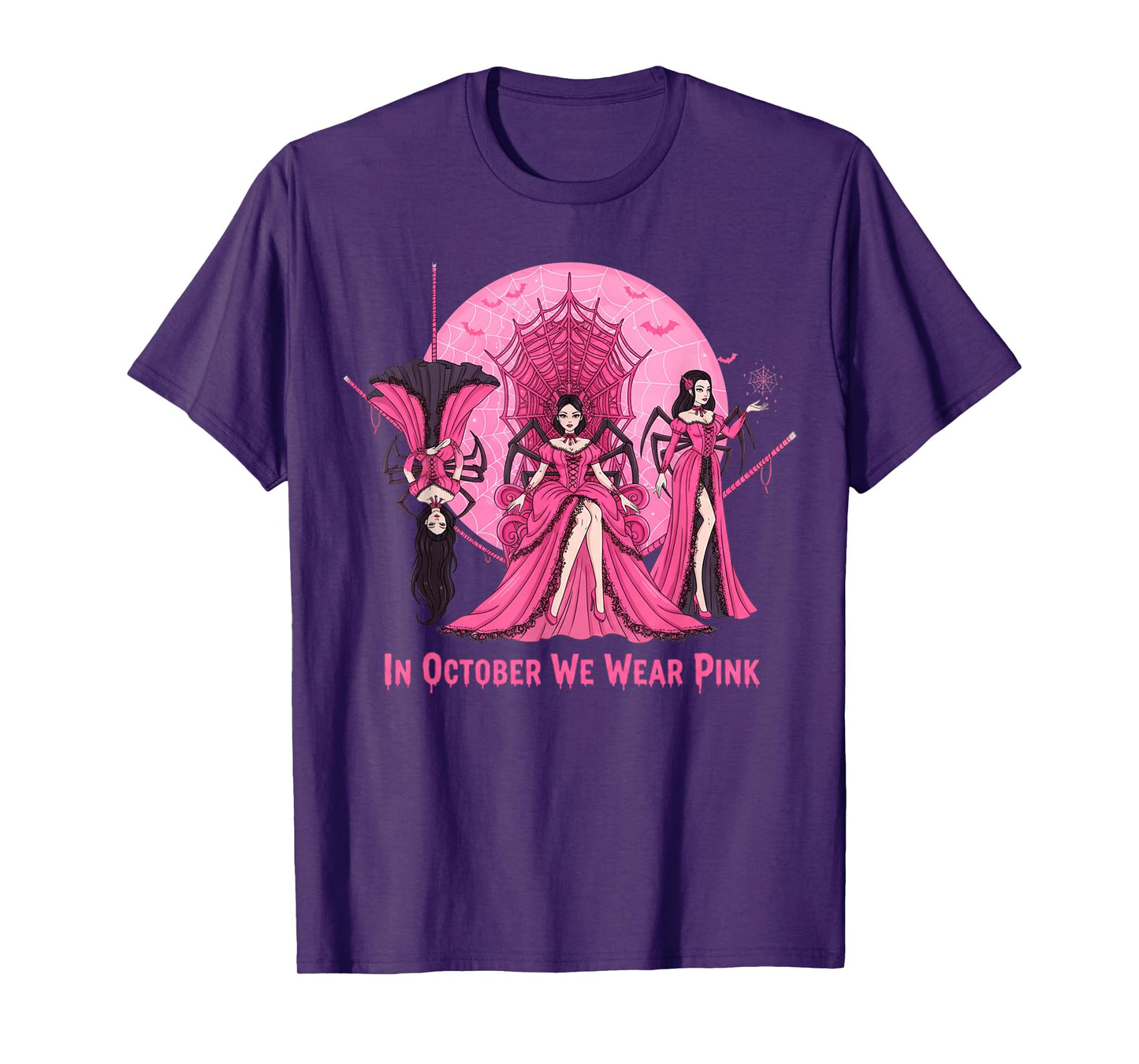 October We Wear Pink Spider Witch Halloween Breast Cancer T-Shirt