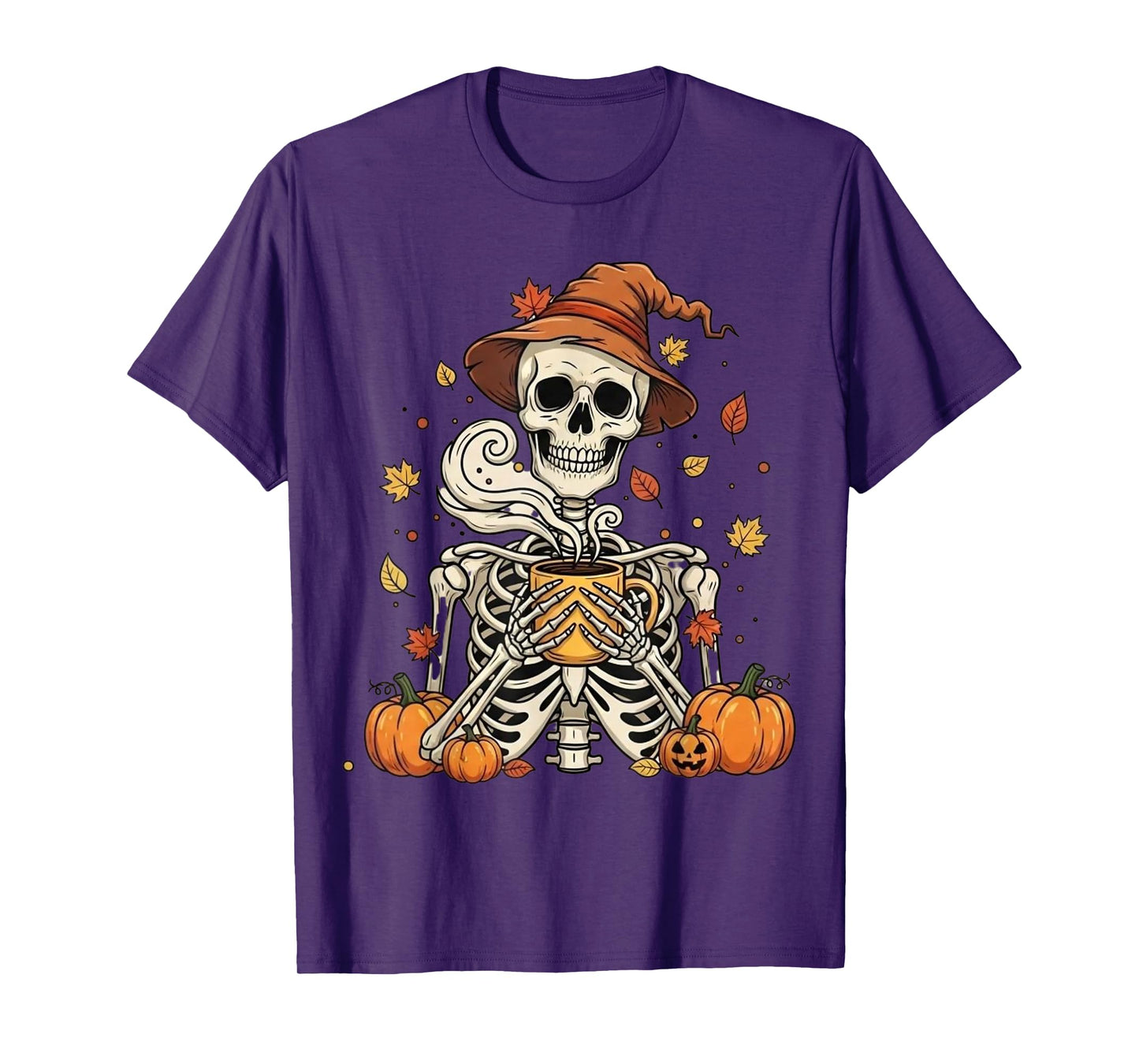 Comfy Fall Skeleton Drinking Coffee – Funny Spooky Halloween T-Shirt