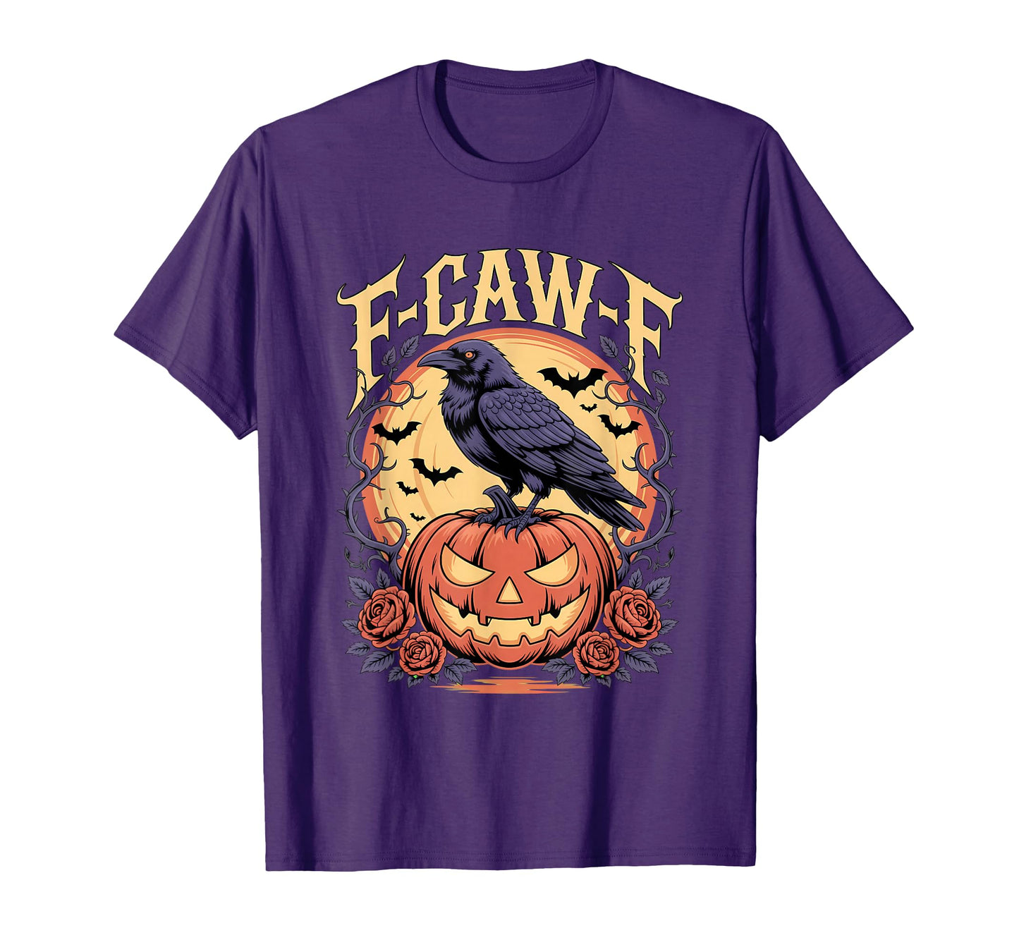 F CAW F Crow Raven Spooky Bird Funny Scary Pumpkin Full Moon T-Shirt