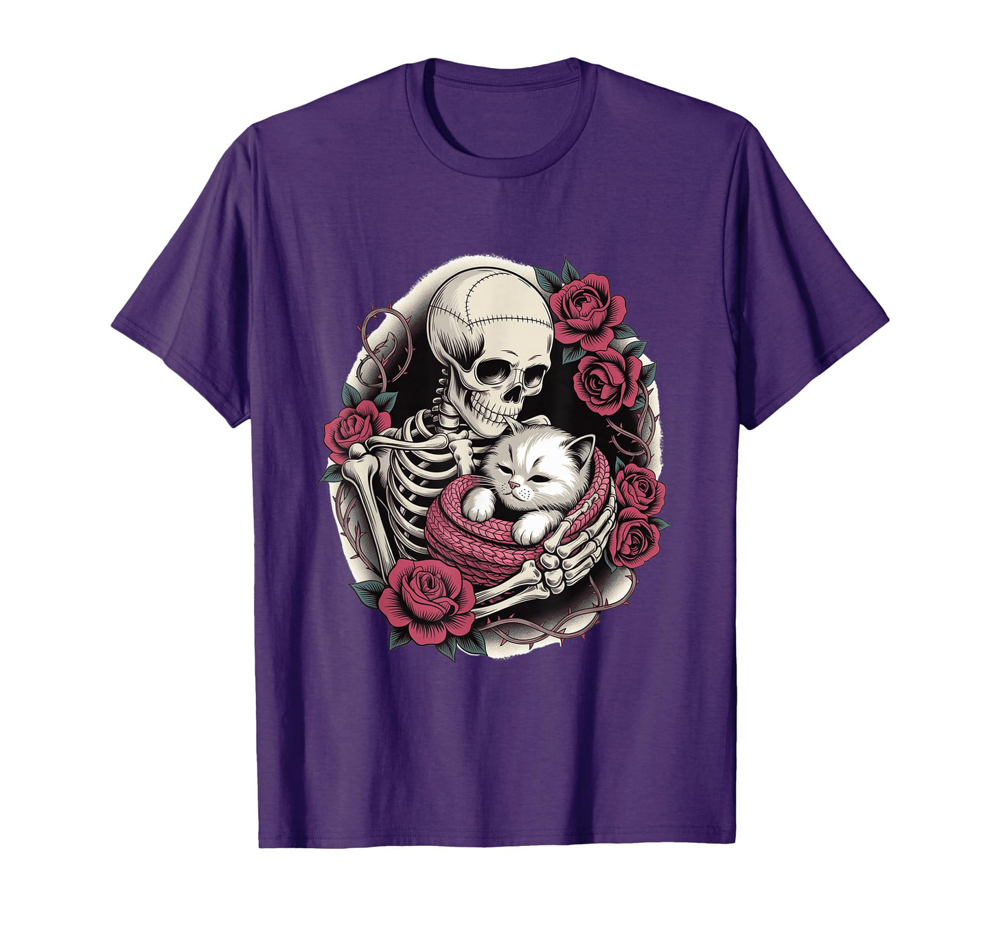 Skeleton Hugging Cat Gothic Floral Creepy Cute Halloween T-Shirt