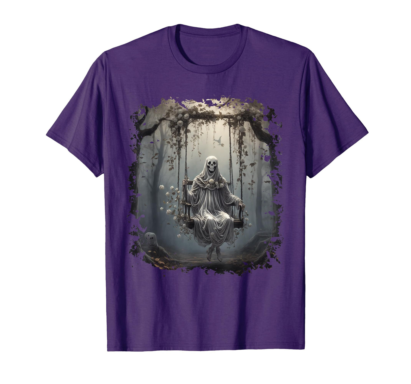Vintage Floral Ghost On Swing In Forest Halloween Gothic T-Shirt