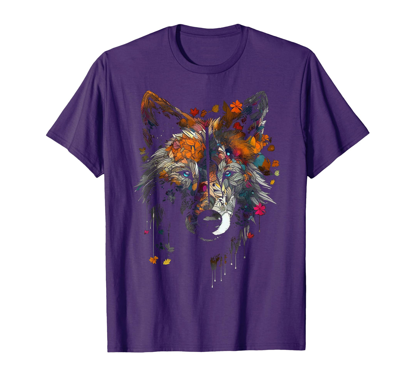 Wolf Autumn Leaves - Blue Eyes - Animal Art Motif Wolf T-Shirt