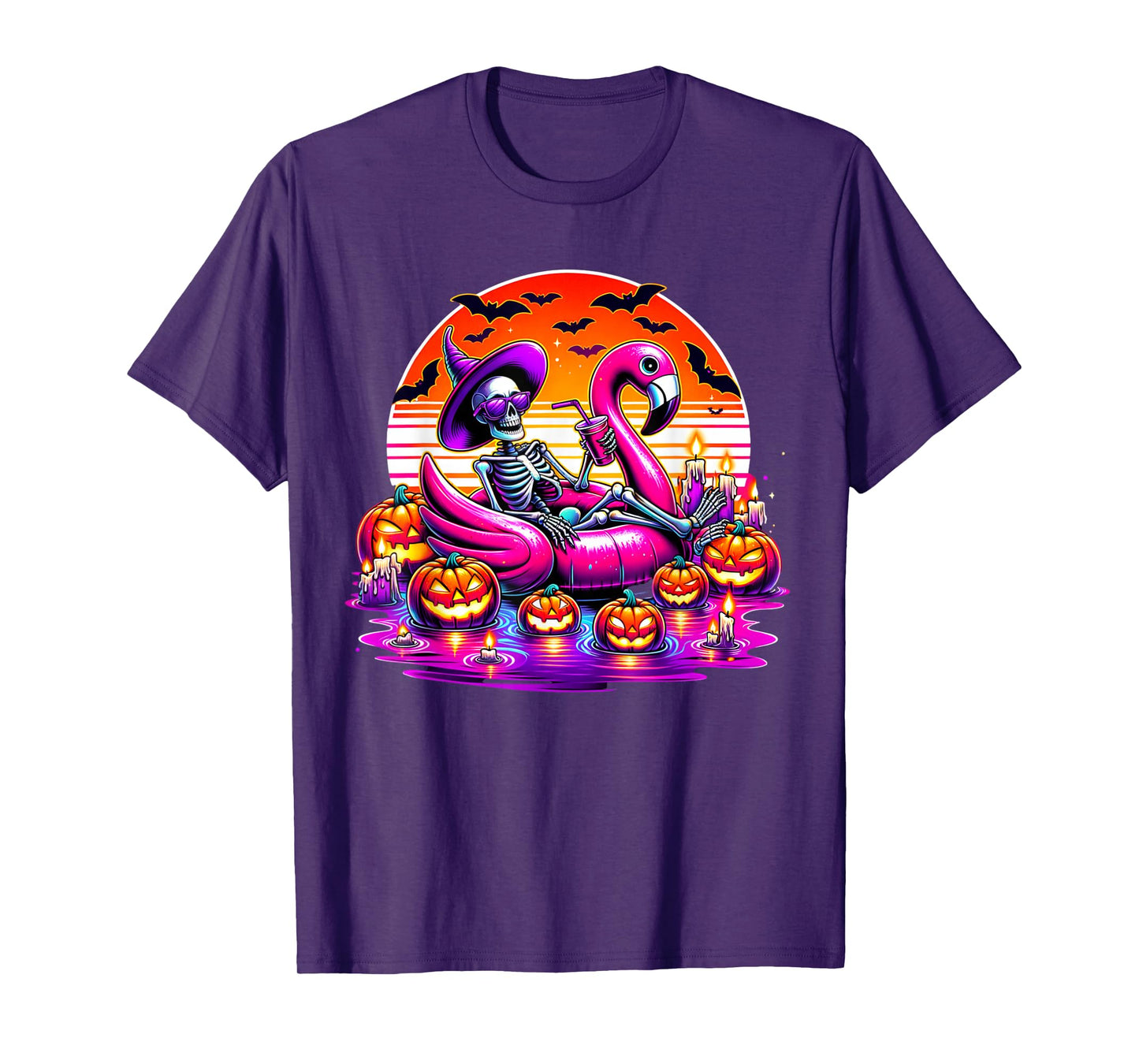 Spooky Summerween Flamingo Skeleton Pool Candle Party T-Shirt
