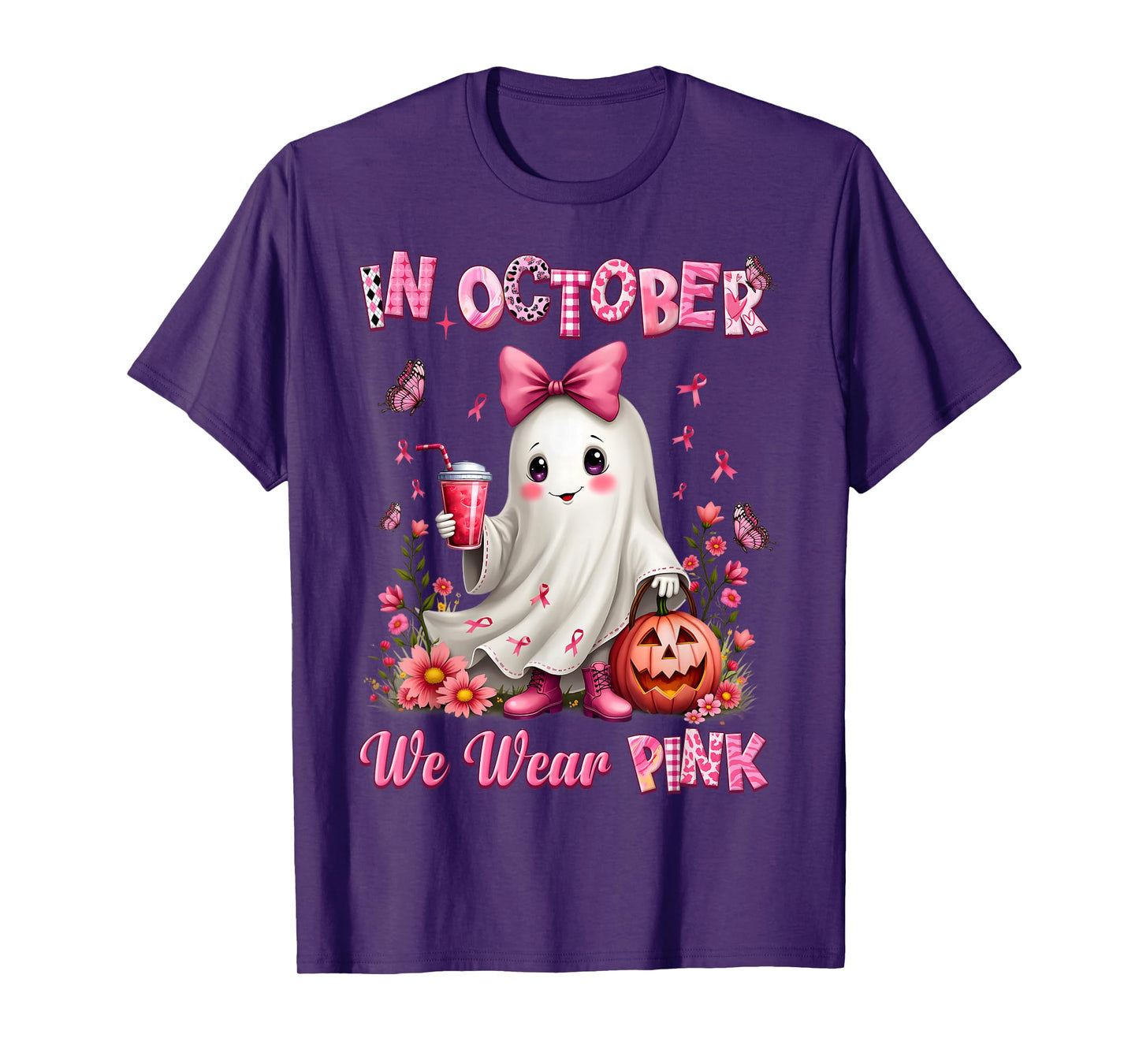 In October We Wear Pink Ghost Breast Cancer Awareness T-Shirt