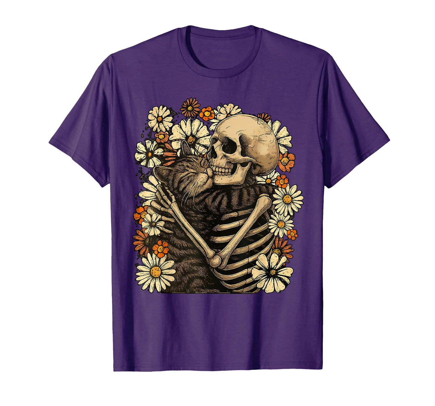 Skeleton Hugging Cat Floral Halloween Cats Lover T-Shirt