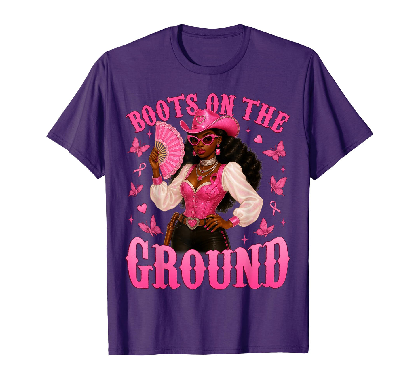 Boots On The Ground Pink Cowgirl Breast Cancer Western Women T-Shirt