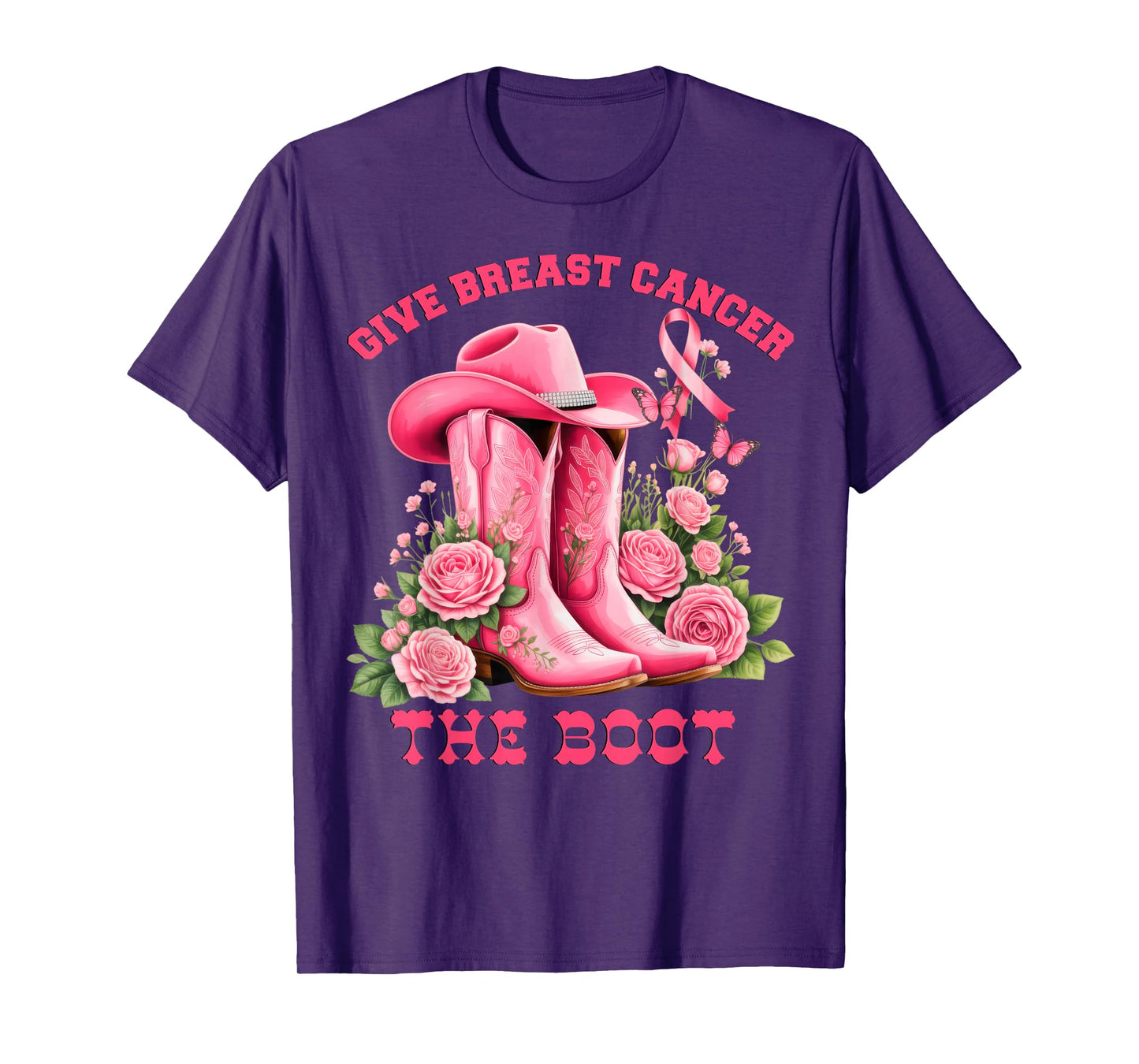 Give Breast Cancer The Boot Cowgirl Pink Ribbon Western T-Shirt