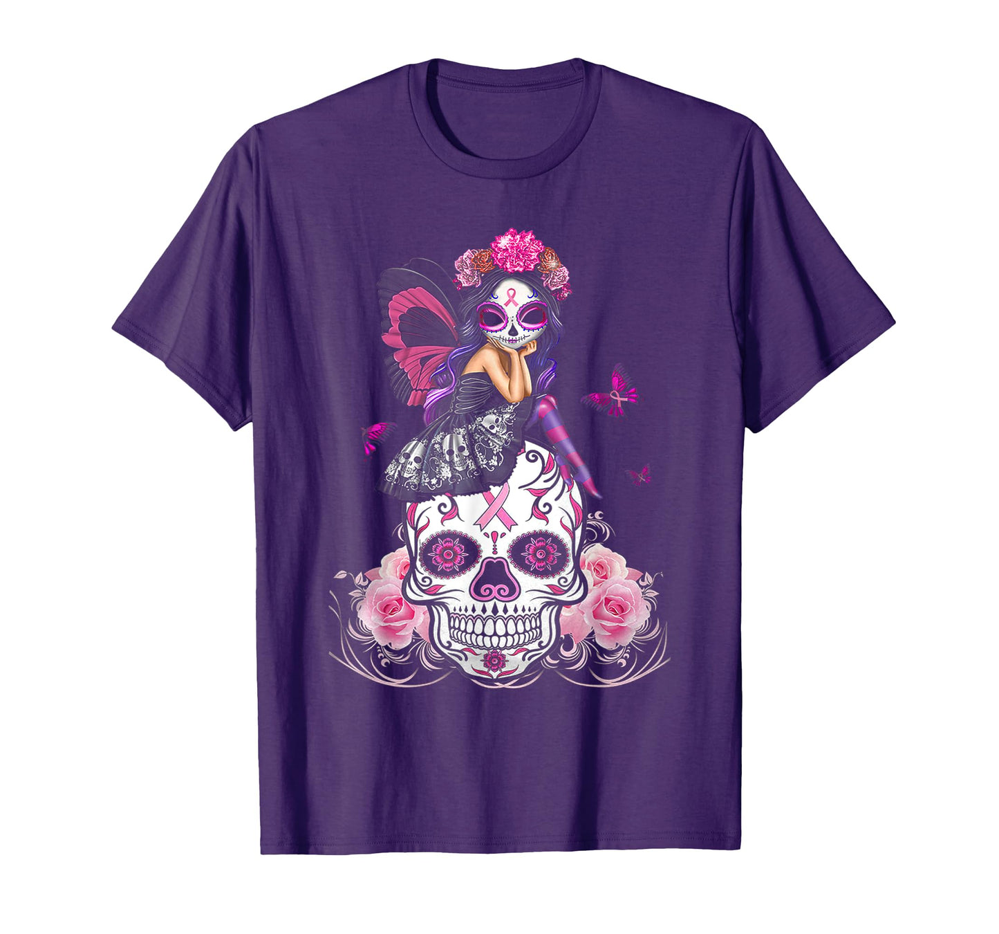 Fairy Sugar Skull Breast Cancer Butterfly Pink Ribbon Woman T-Shirt