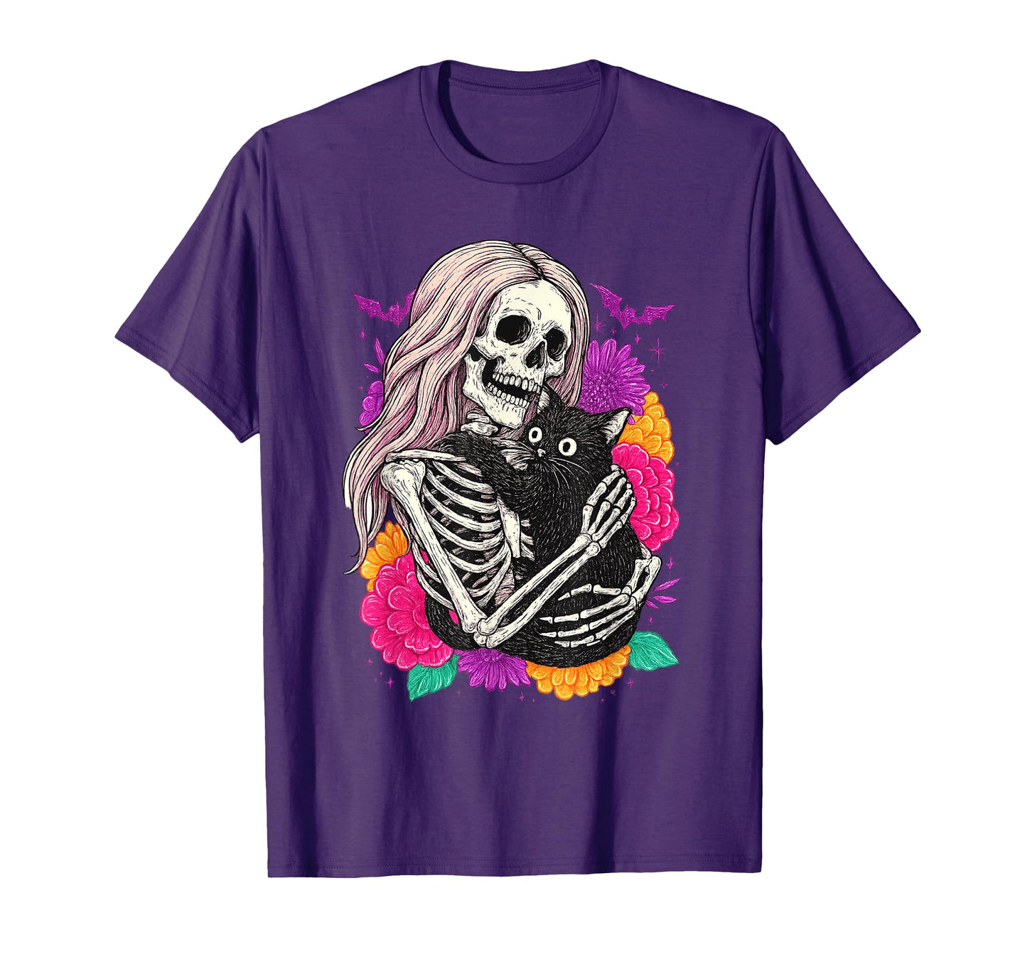 Skeleton Hugging Cat Floral Gothic Halloween Tee T-Shirt