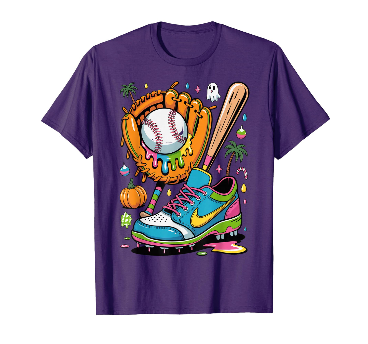 Colorful Dripping Baseball Glove Bat Cleat Funny Halloween T-Shirt